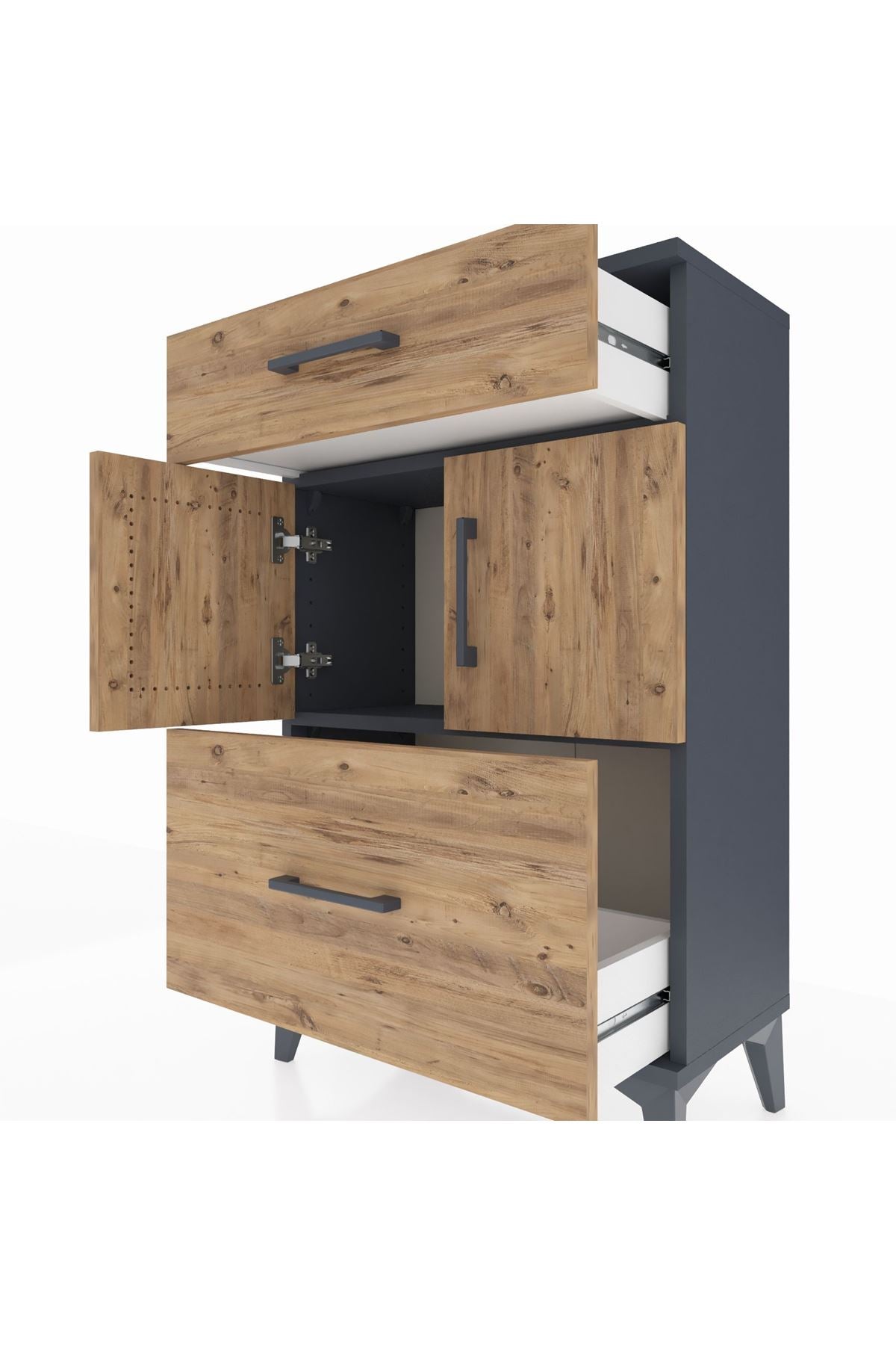 Arges Komodin Tek Raflı 2 Çekmeceli 2 Kapaklı 60x30x96 Antrasit-Çam
