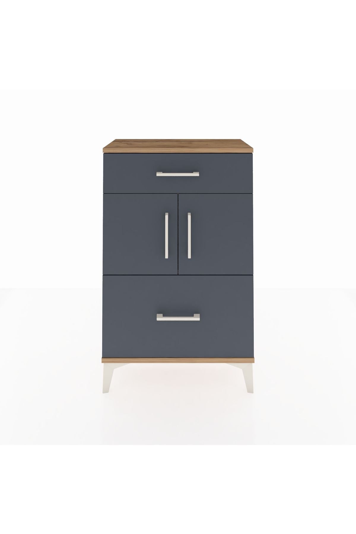 Arges Komodin Tek Raflı 2 Çekmeceli 2 Kapaklı 60x30x96 Çam-Antrasit