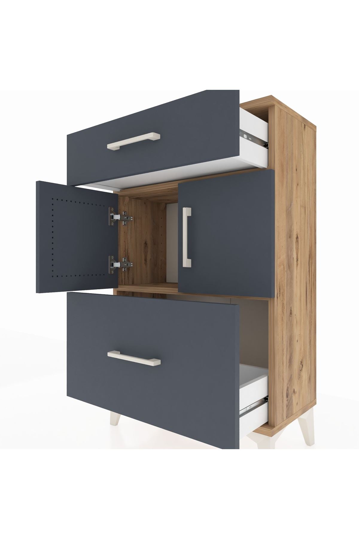 Arges Komodin Tek Raflı 2 Çekmeceli 2 Kapaklı 60x30x96 Çam-Antrasit