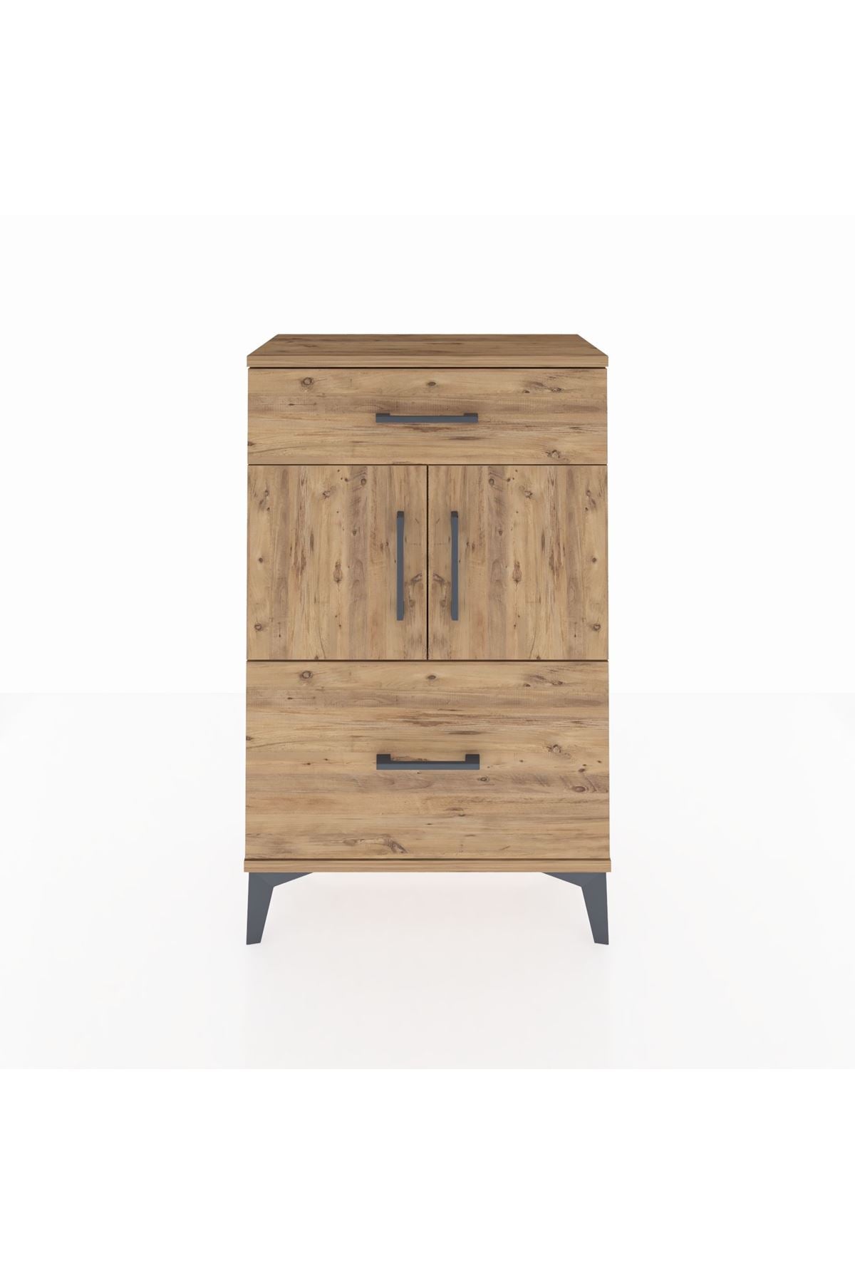 Arges Komodin Tek Raflı 2 Çekmeceli 2 Kapaklı 60x30x96 Çam-Çam