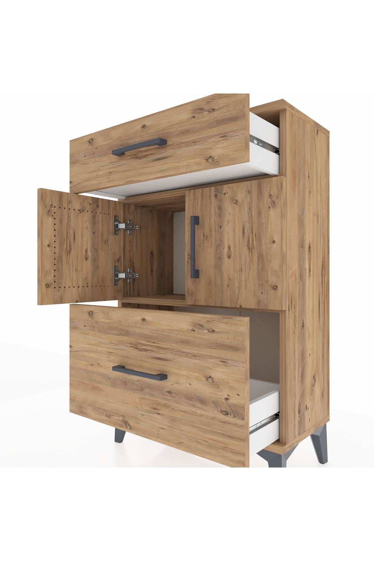 Arges Komodin Tek Raflı 2 Çekmeceli 2 Kapaklı 60x30x96 Çam-Çam