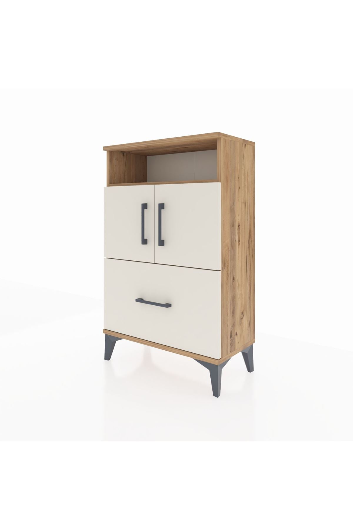 Arges Komodin 2 Raflı Tek Çekmeceli 2 Kapaklı 60x30x96 Çam-Aytaşı