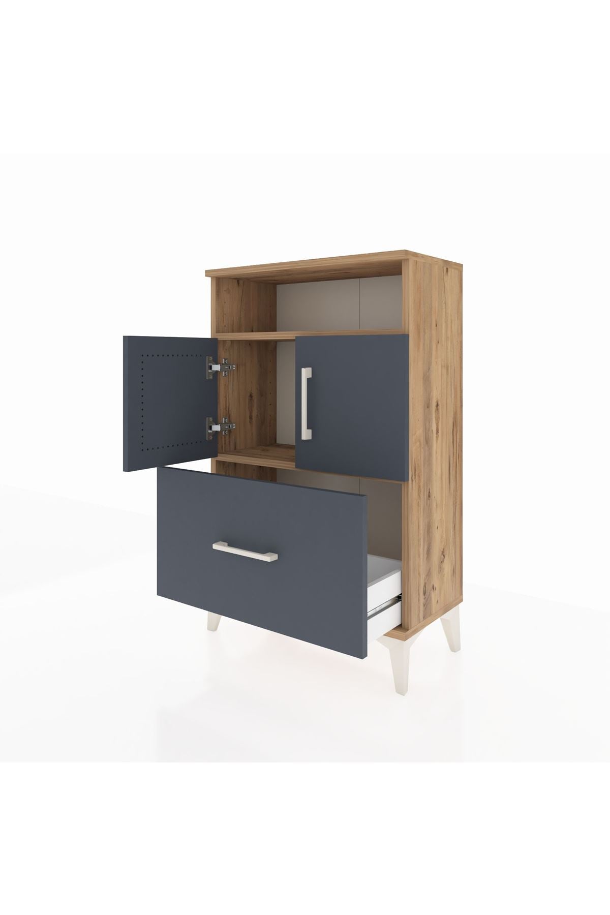 Arges Komodin 2 Raflı Tek Çekmeceli 2 Kapaklı 60x30x96 Çam-Antrasit