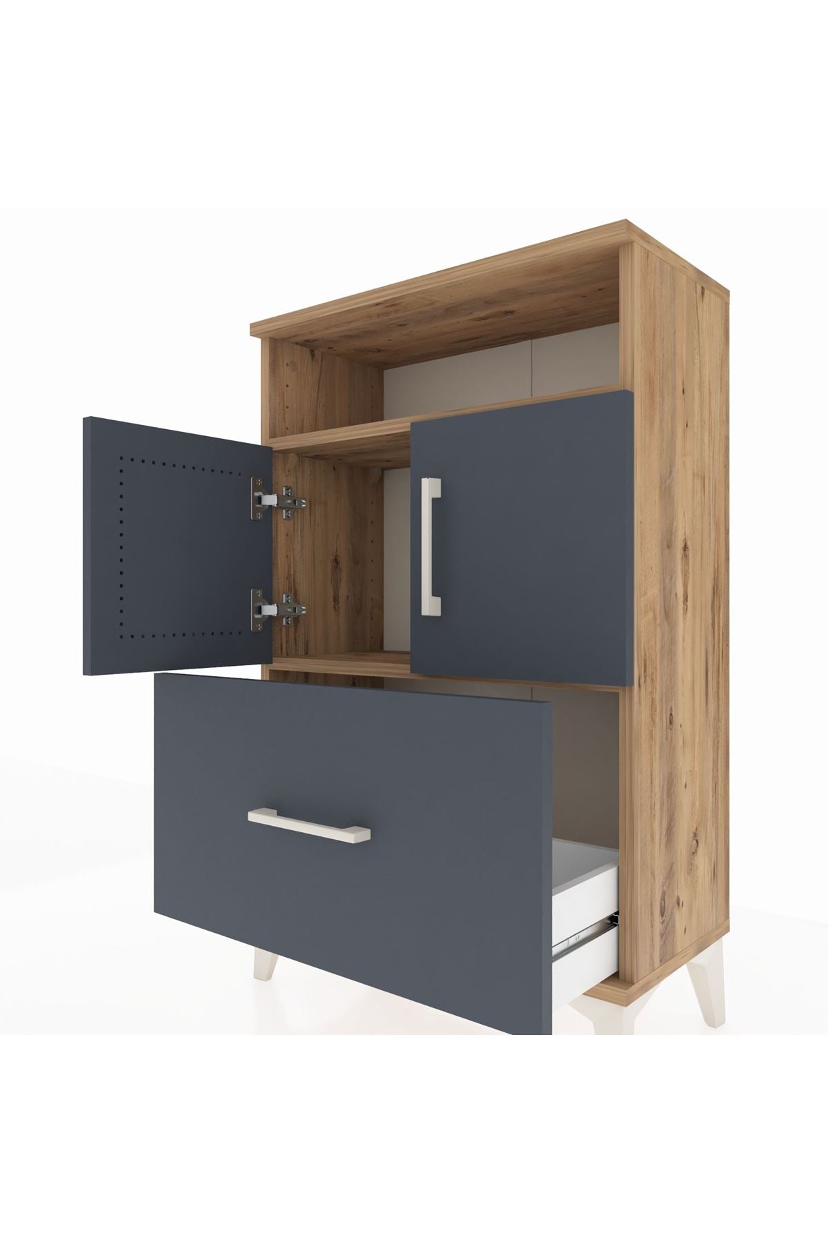 Arges Komodin 2 Raflı Tek Çekmeceli 2 Kapaklı 60x30x96 Çam-Antrasit