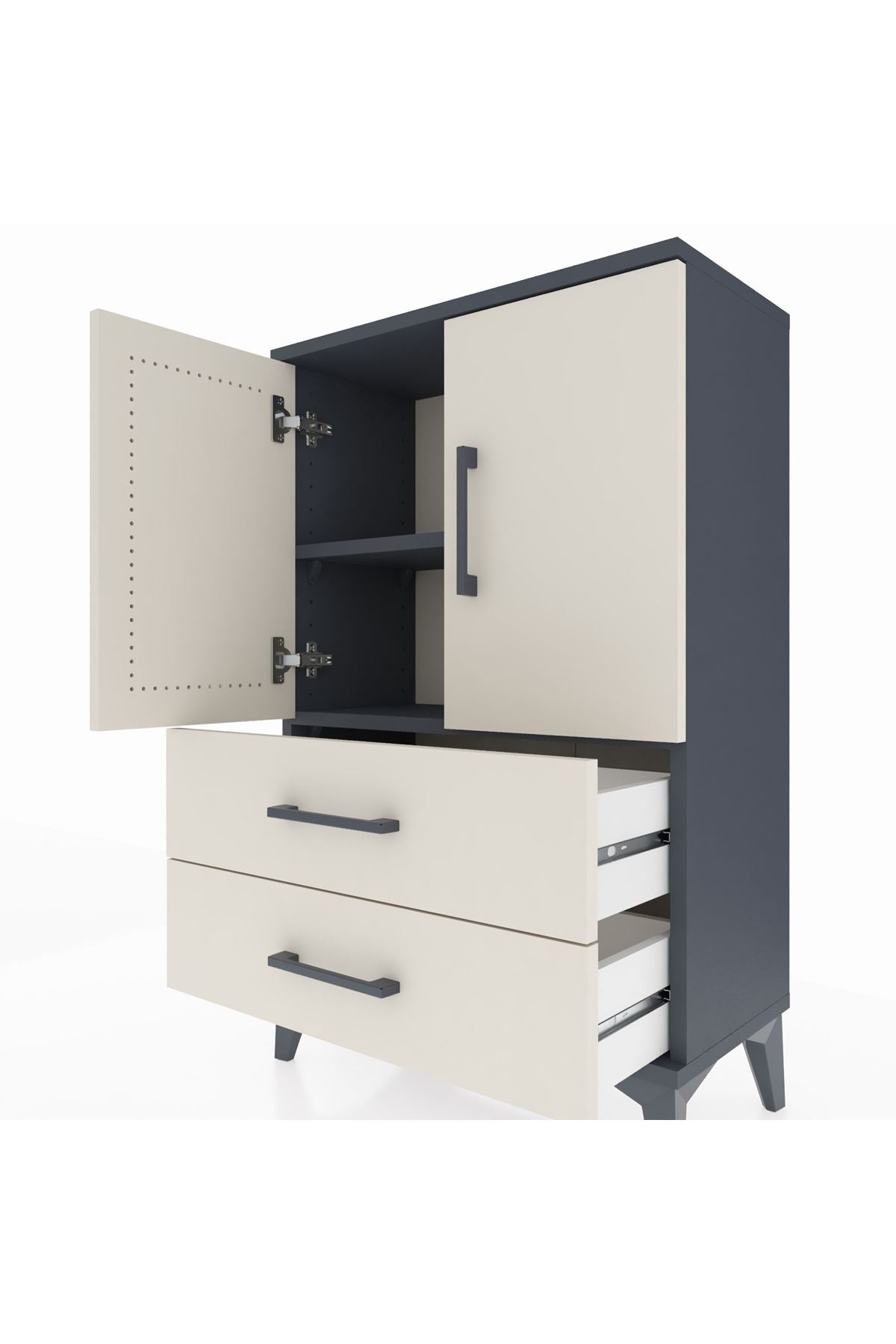 Arges Komodin 2 Raflı 2 Çekmeceli 2 Kapaklı 60x30x96 Antrasit-Aytaşı