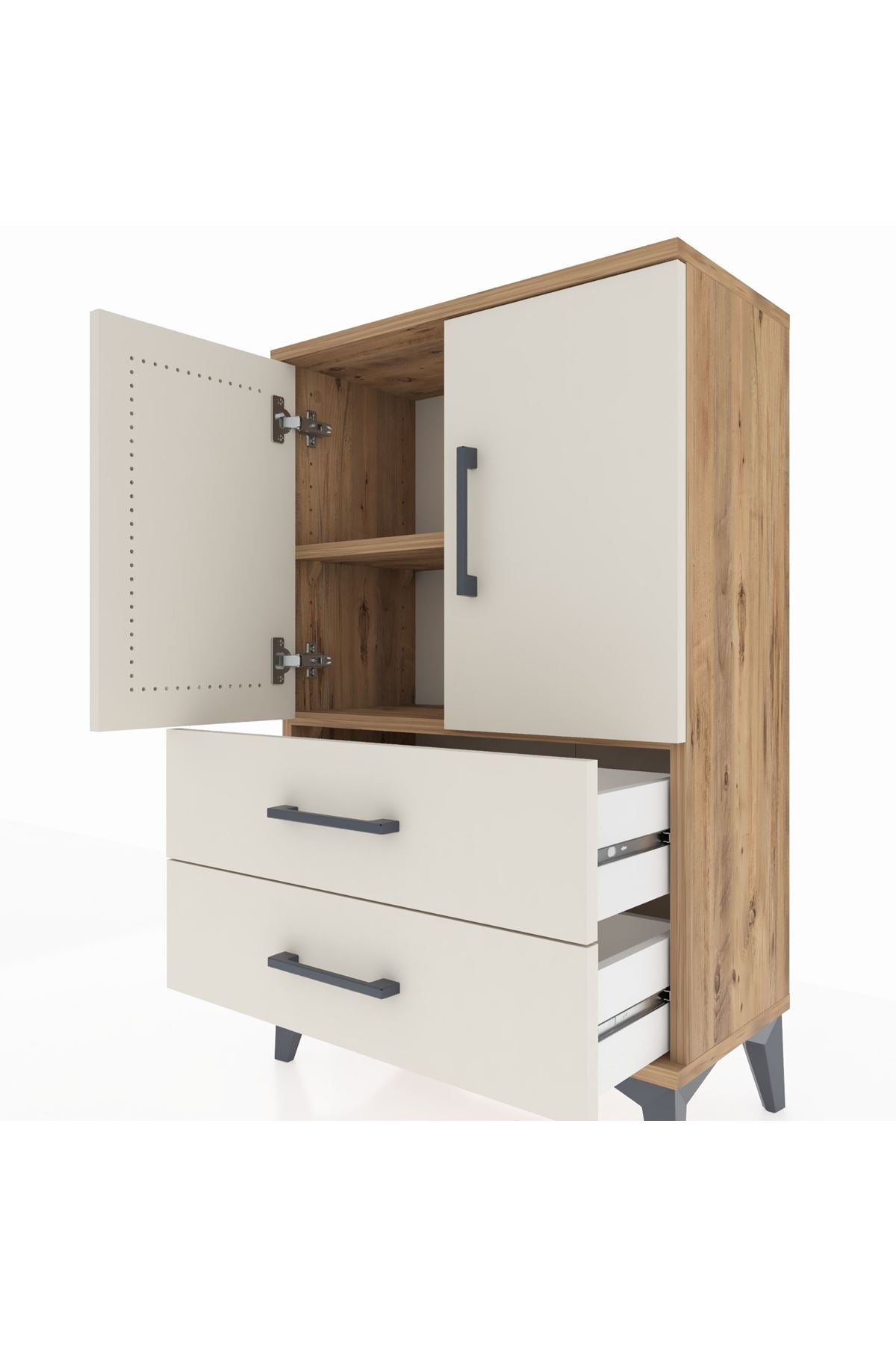 Arges Komodin 2 Raflı 2 Çekmeceli 2 Kapaklı 60x30x96 Çam-Aytaşı