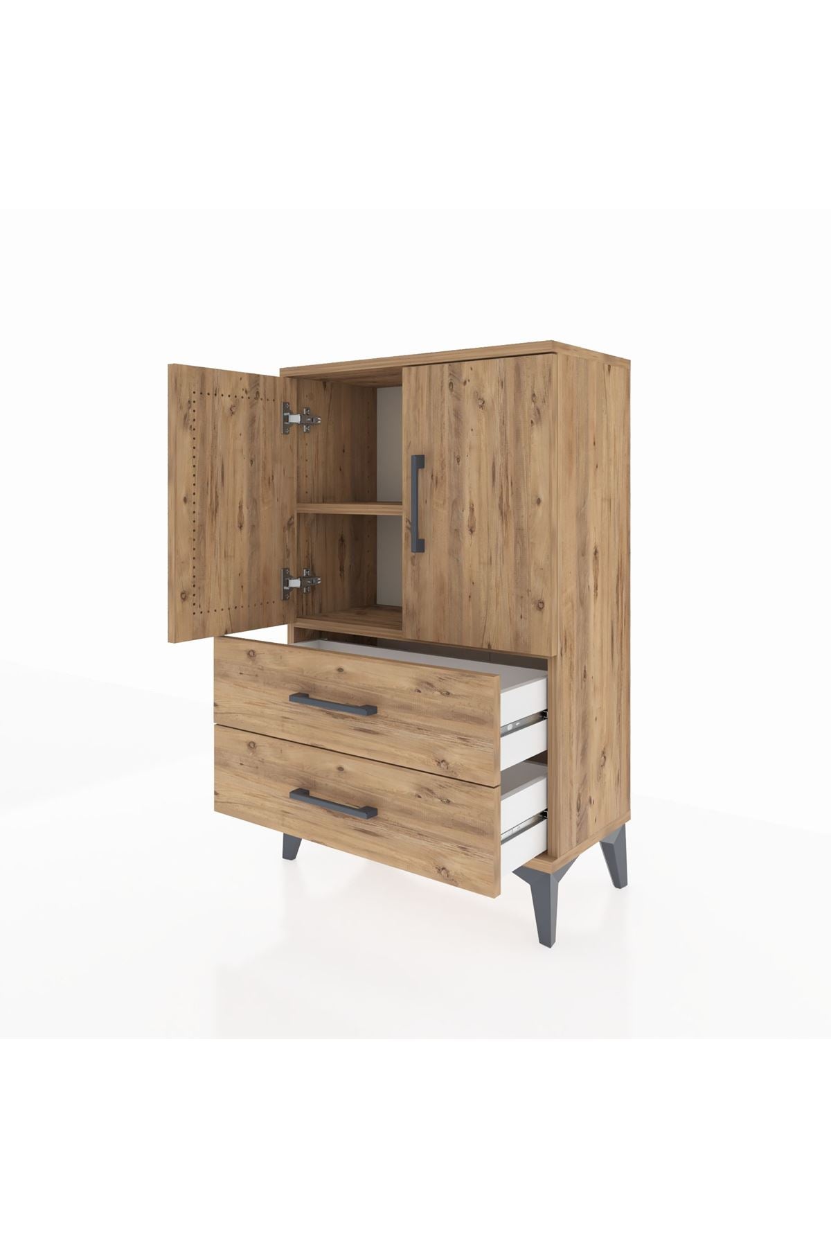 Arges Komodin 2 Raflı 2 Çekmeceli 2 Kapaklı 60x30x96 Çam-Çam