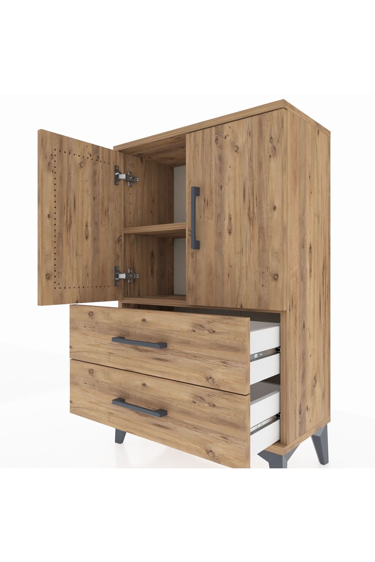 Arges Komodin 2 Raflı 2 Çekmeceli 2 Kapaklı 60x30x96 Çam-Çam