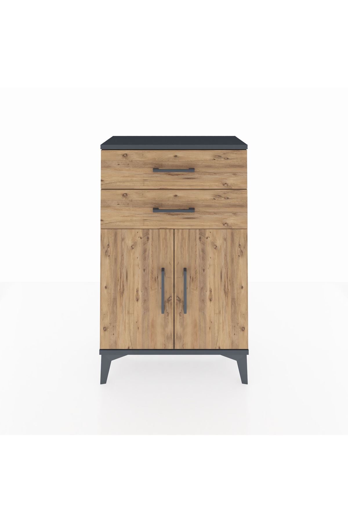 Arges Komodin Tek Raflı 2 Çekmeceli 2 Kapaklı 60x30x96 Antrasit-Çam