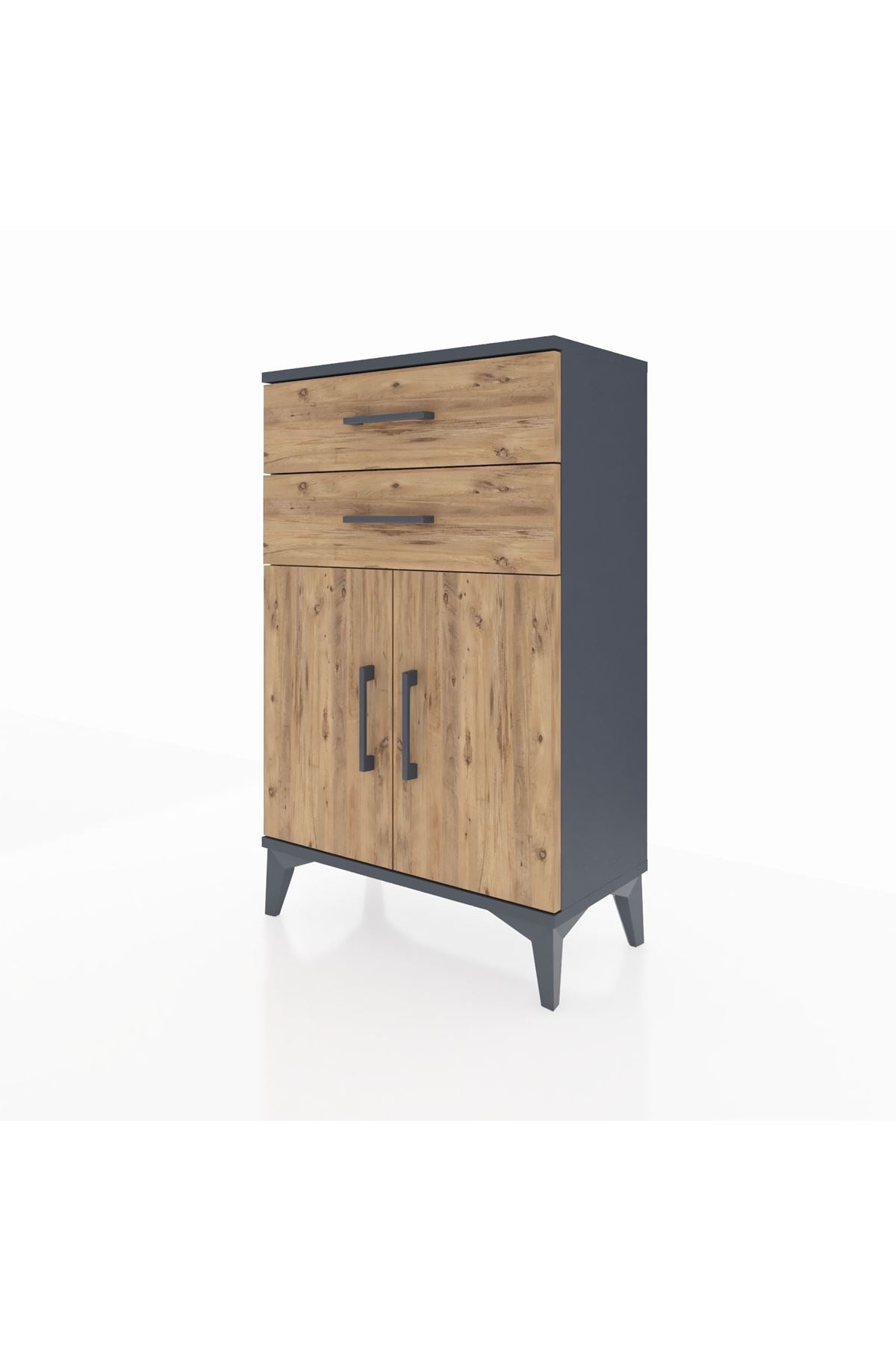 Arges Komodin Tek Raflı 2 Çekmeceli 2 Kapaklı 60x30x96 Antrasit-Çam