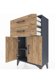 Arges Komodin Tek Raflı 2 Çekmeceli 2 Kapaklı 60x30x96 Antrasit-Çam