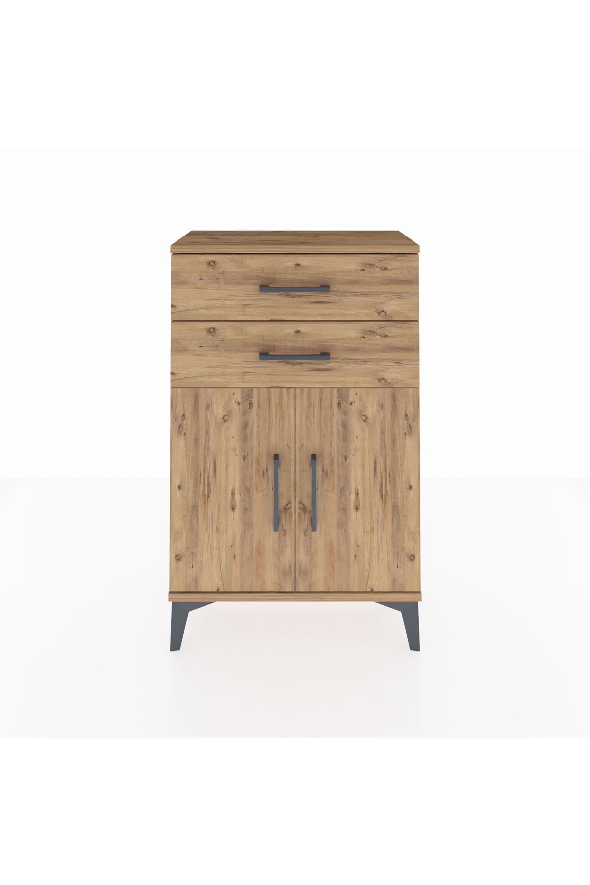 Arges Komodin Tek Raflı 2 Çekmeceli 2 Kapaklı 60x30x96 Çam-Çam