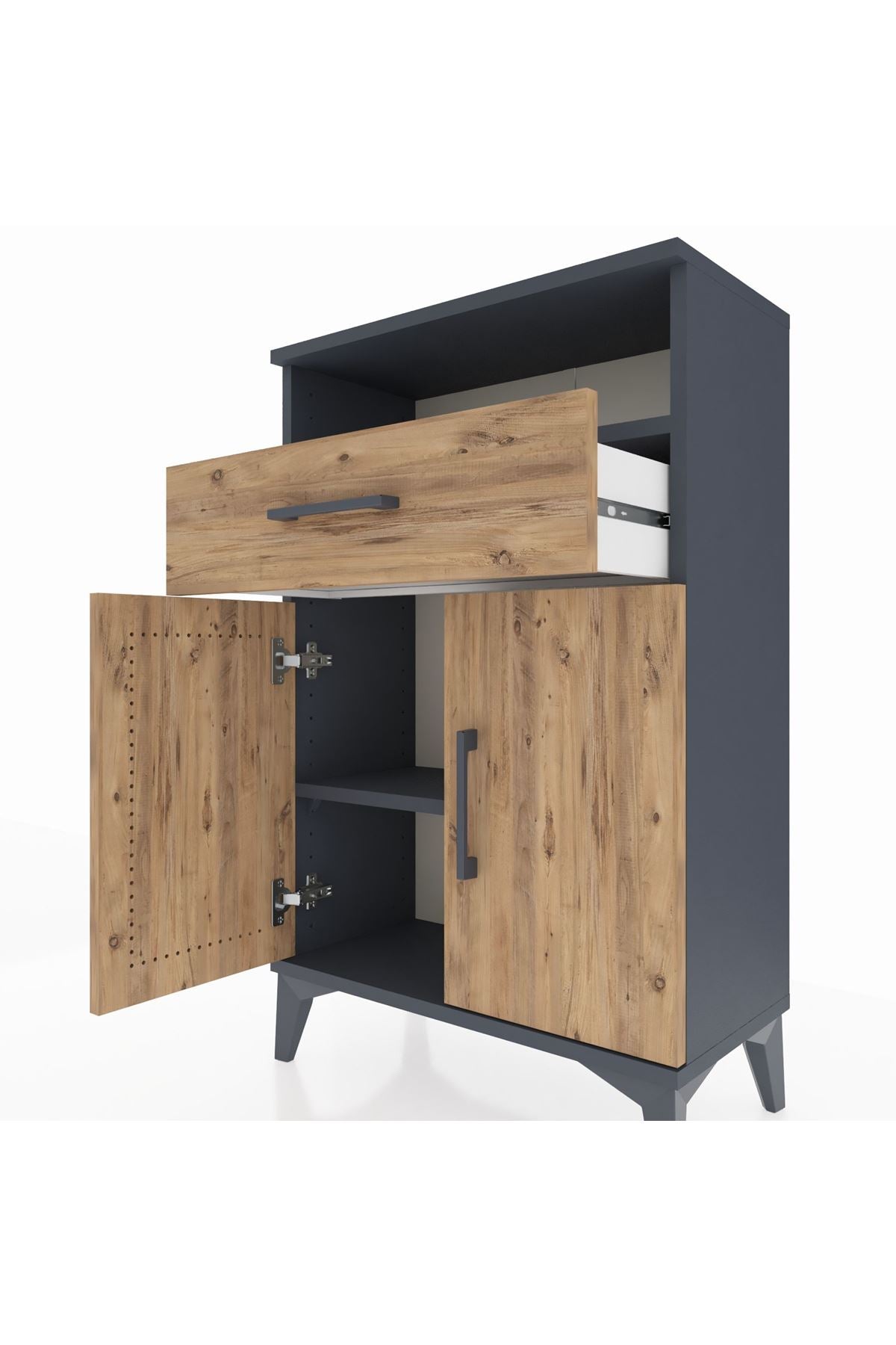 Arges Komodin 2 Raflı Tek Çekmeceli 2 Kapaklı 60x30x96 Antrasit-Çam