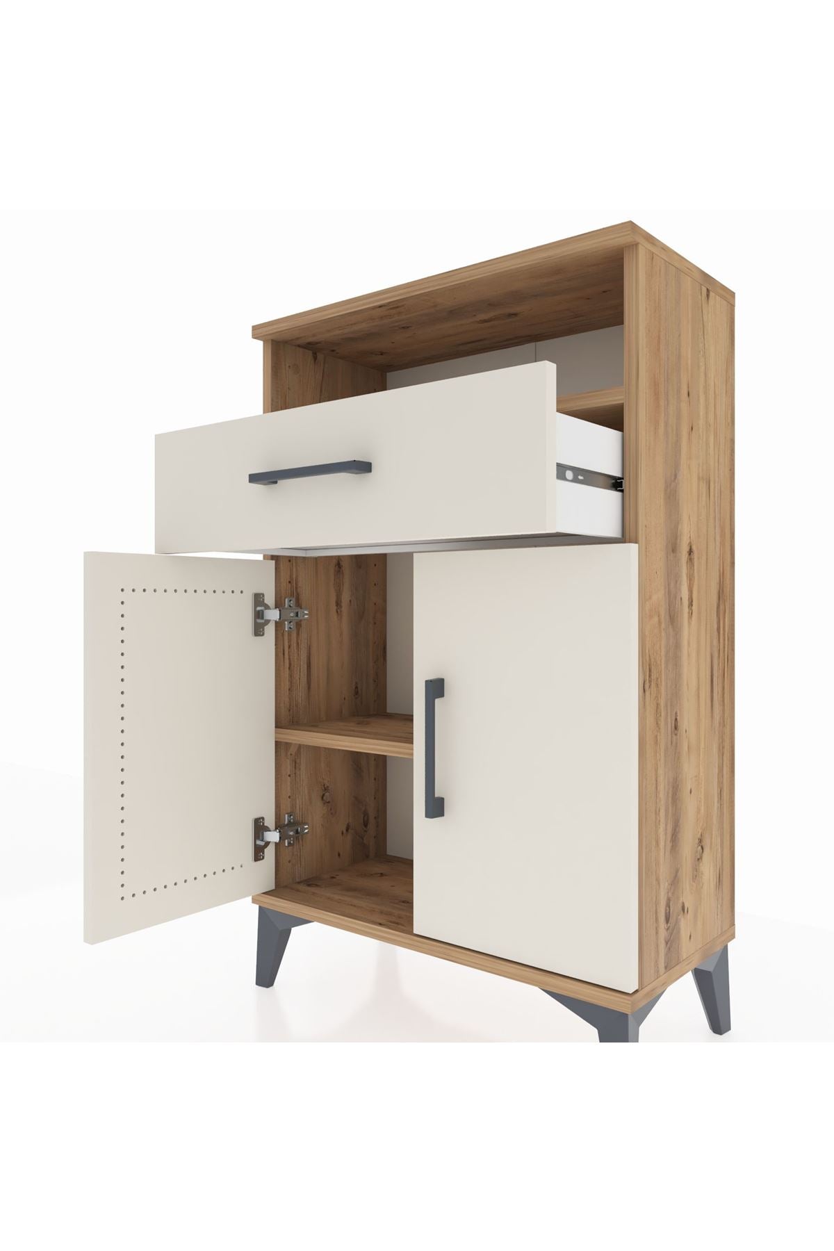 Arges Komodin 2 Raflı Tek Çekmeceli 2 Kapaklı 60x30x96 Çam-Aytaşı