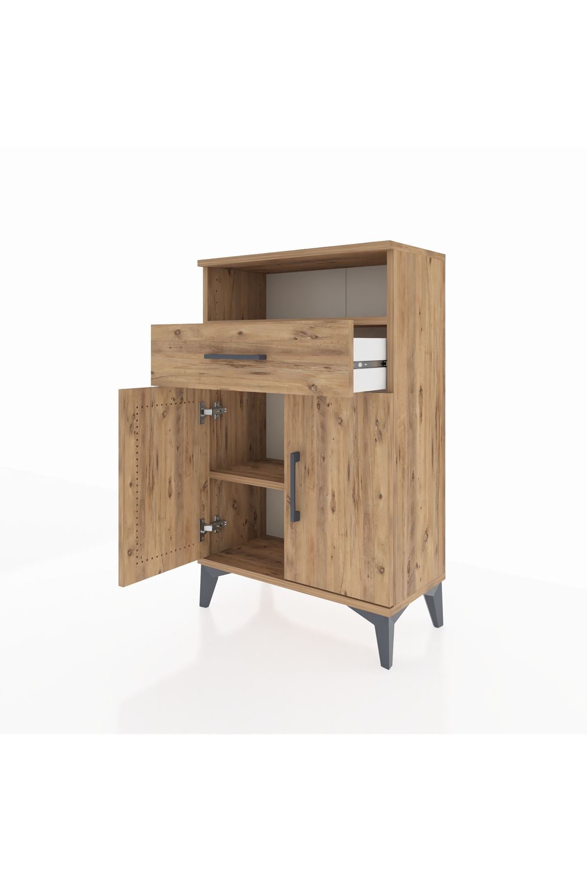 Arges Komodin 2 Raflı Tek Çekmeceli 2 Kapaklı 60x30x96 Çam-Çam