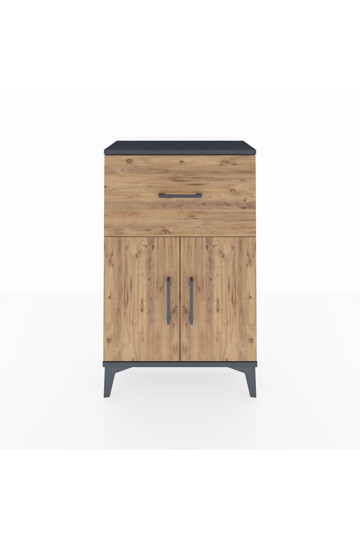 Arges Komodin Tek Raflı Tek Çekmeceli 2 Kapaklı 60x30x96 Antrasit-Çam