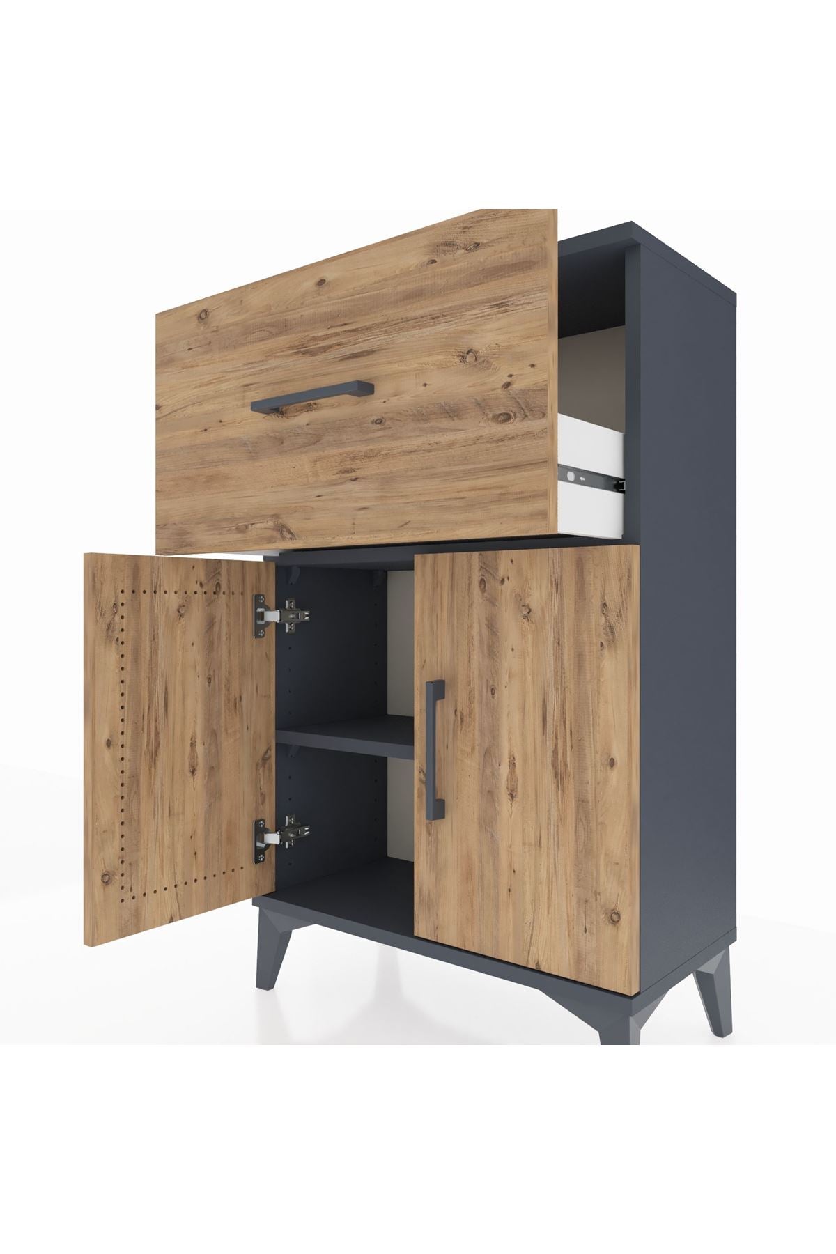 Arges Komodin Tek Raflı Tek Çekmeceli 2 Kapaklı 60x30x96 Antrasit-Çam