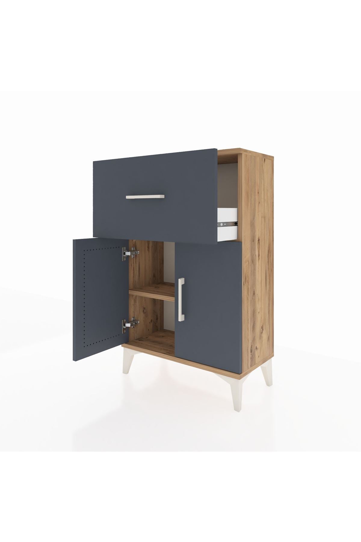 Arges Komodin Tek Raflı Tek Çekmeceli 2 Kapaklı 60x30x96 Çam-Antrasit