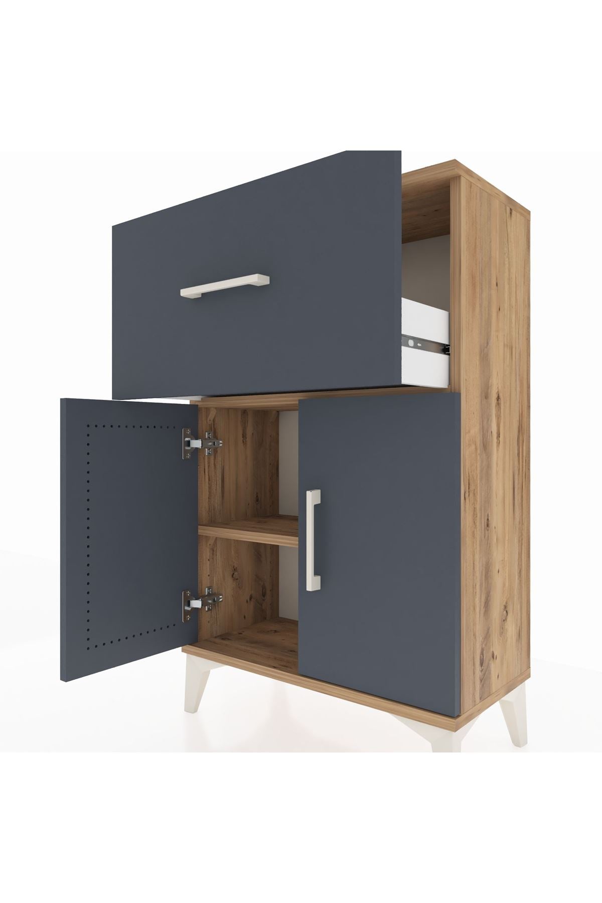 Arges Komodin Tek Raflı Tek Çekmeceli 2 Kapaklı 60x30x96 Çam-Antrasit