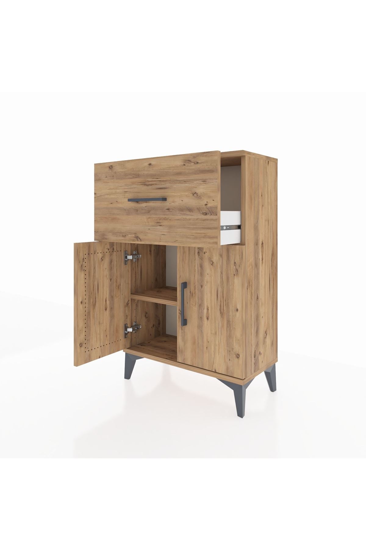 Arges Komodin Tek Raflı Tek Çekmeceli 2 Kapaklı 60x30x96 Çam-Çam