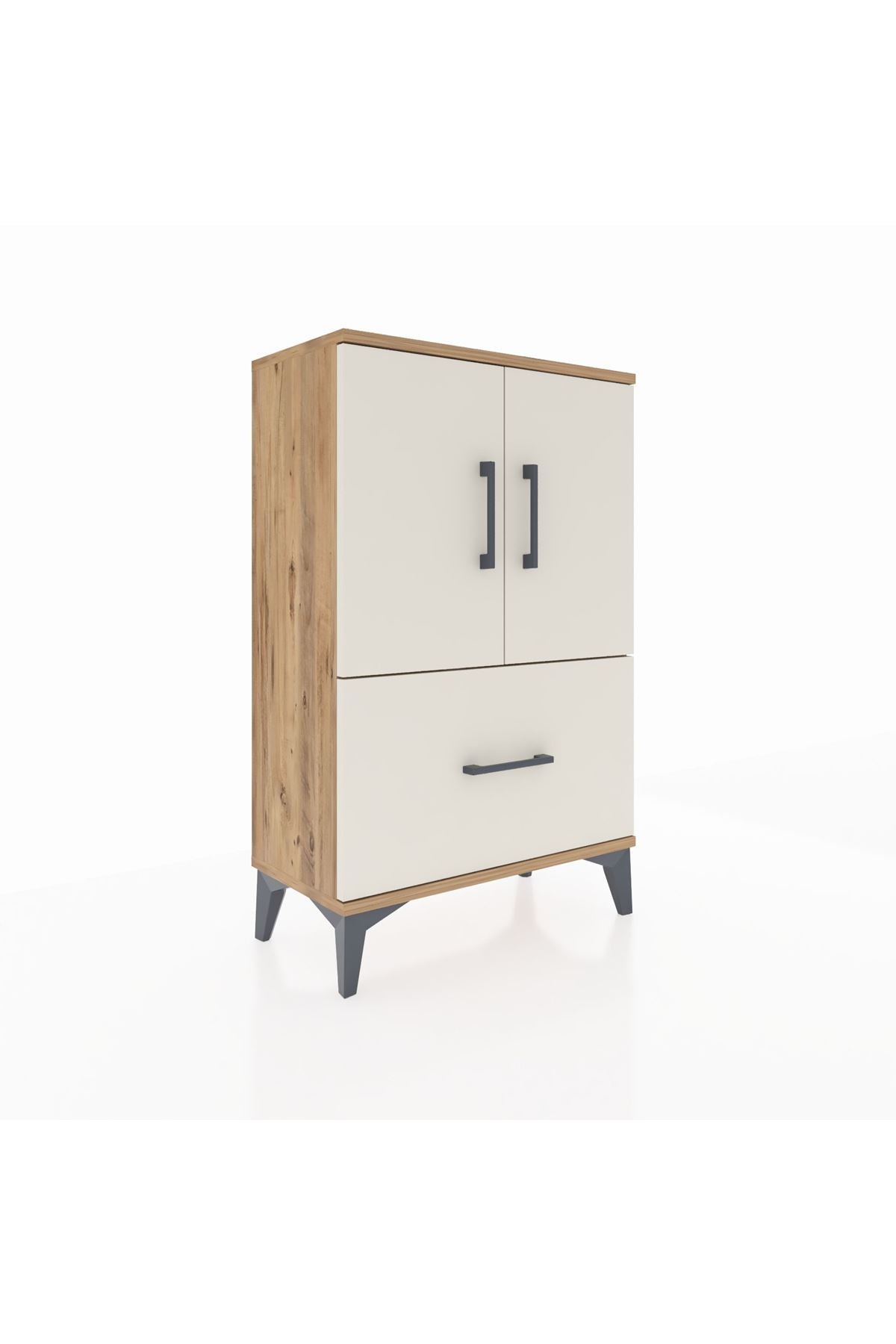 Arges Komodin 2 Raflı Tek Çekmeceli 2 Kapaklı 60x30x96 Çam-Aytaşı