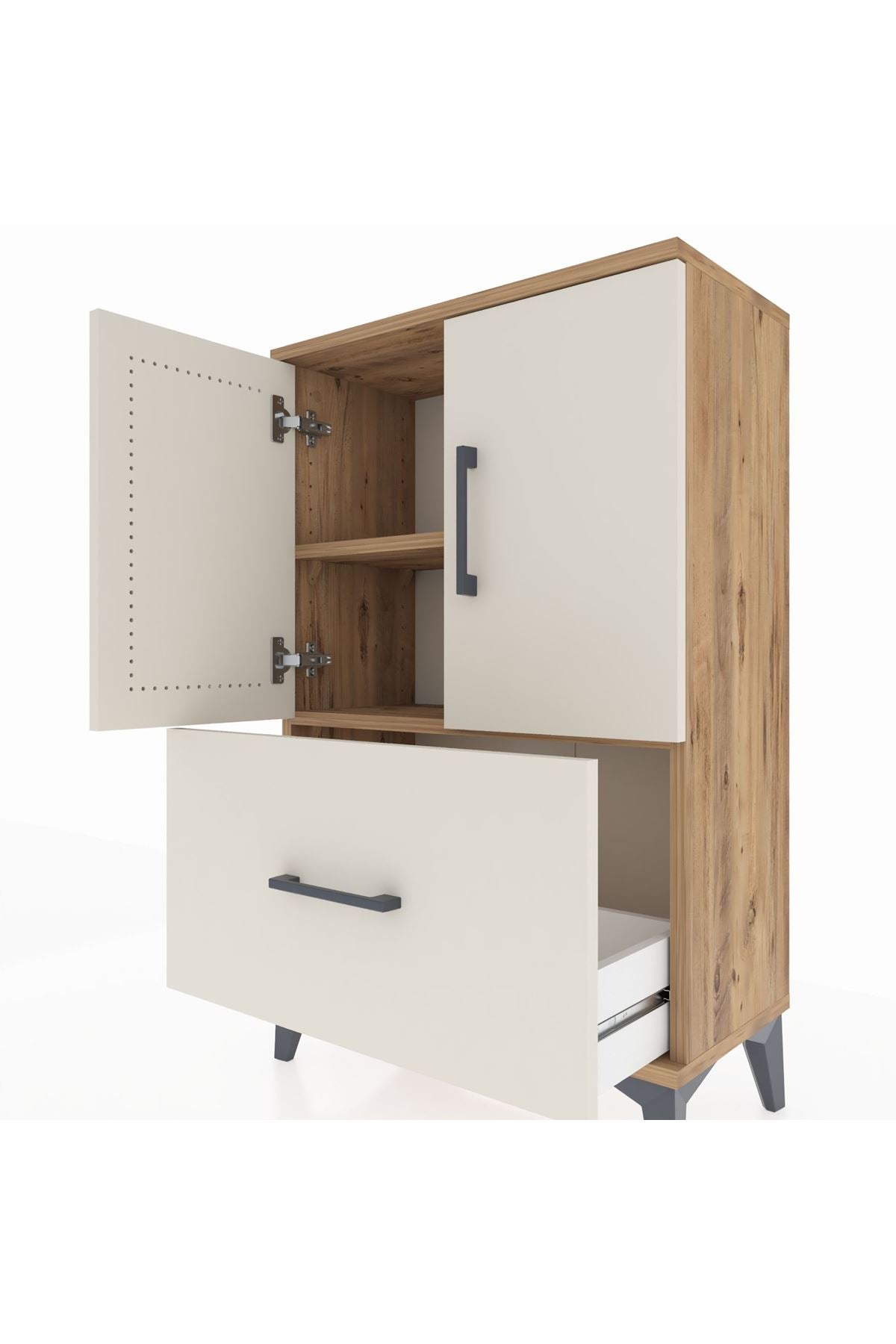 Arges Komodin 2 Raflı Tek Çekmeceli 2 Kapaklı 60x30x96 Çam-Aytaşı