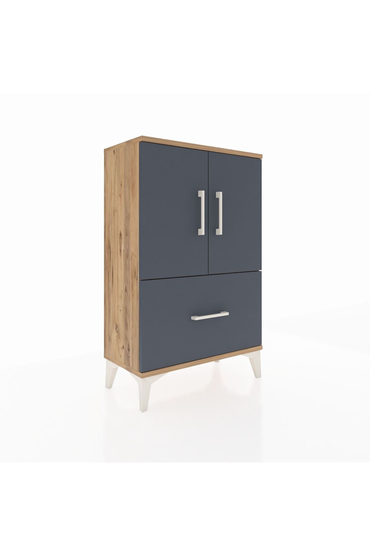 Arges Komodin 2 Raflı Tek Çekmeceli 2 Kapaklı 60x30x96 Çam-Antrasit