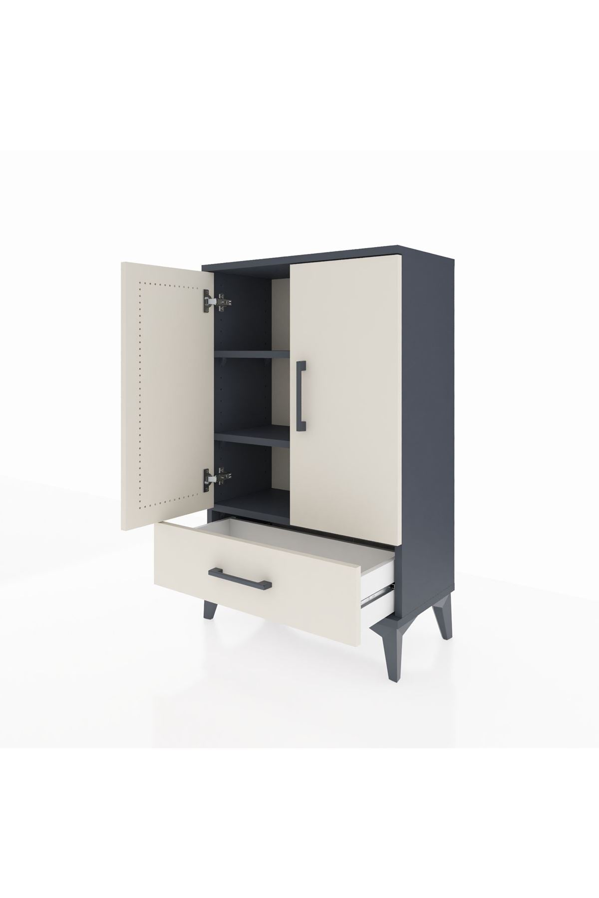 Arges Komodin 2 Raflı Tek Çekmeceli 2 Kapaklı 60x30x96 Antrasit-Aytaşı