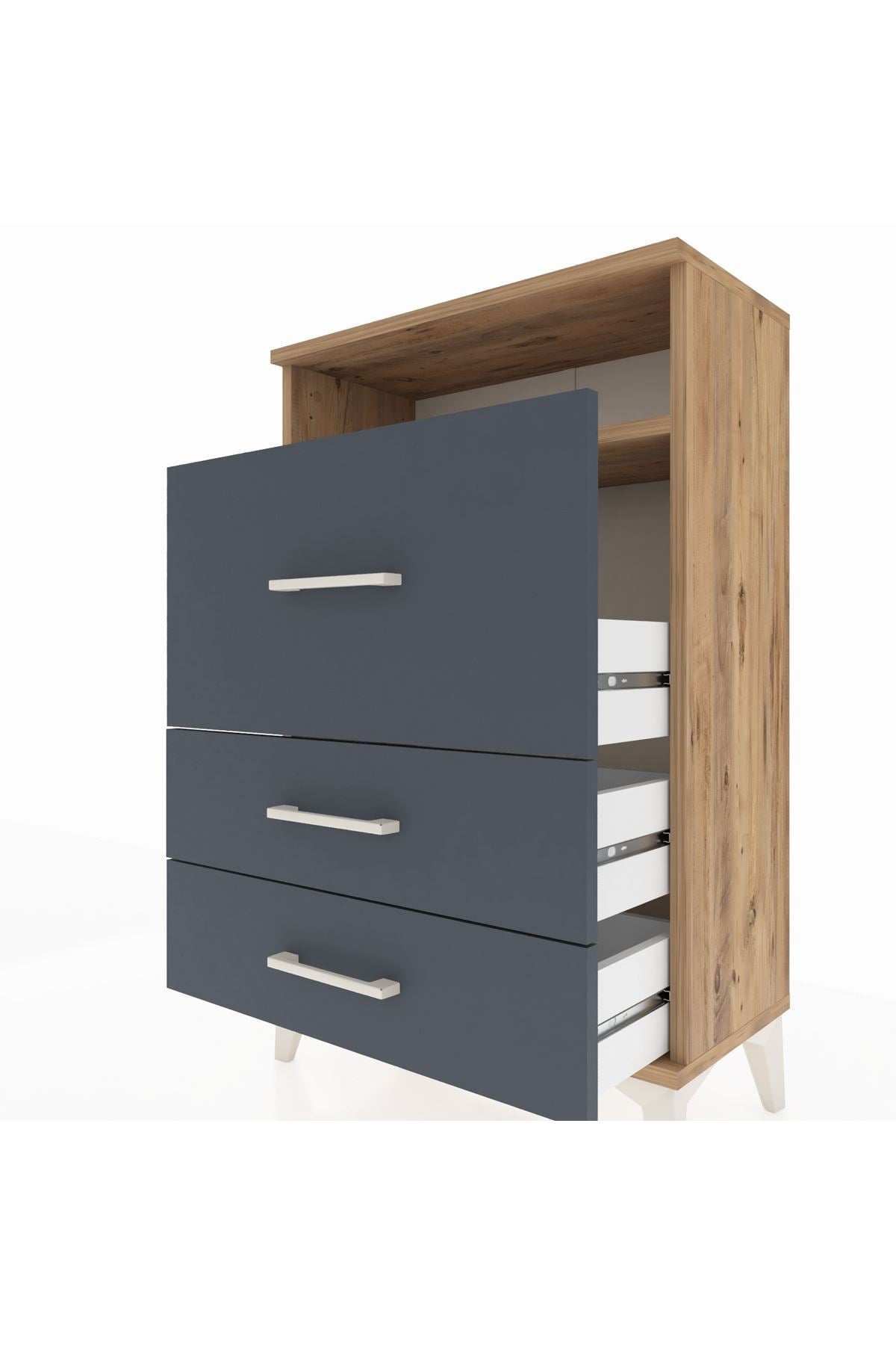 Arges Komodin Tek Raflı 3 Çekmeceli 60x30x96 Çam-Antrasit