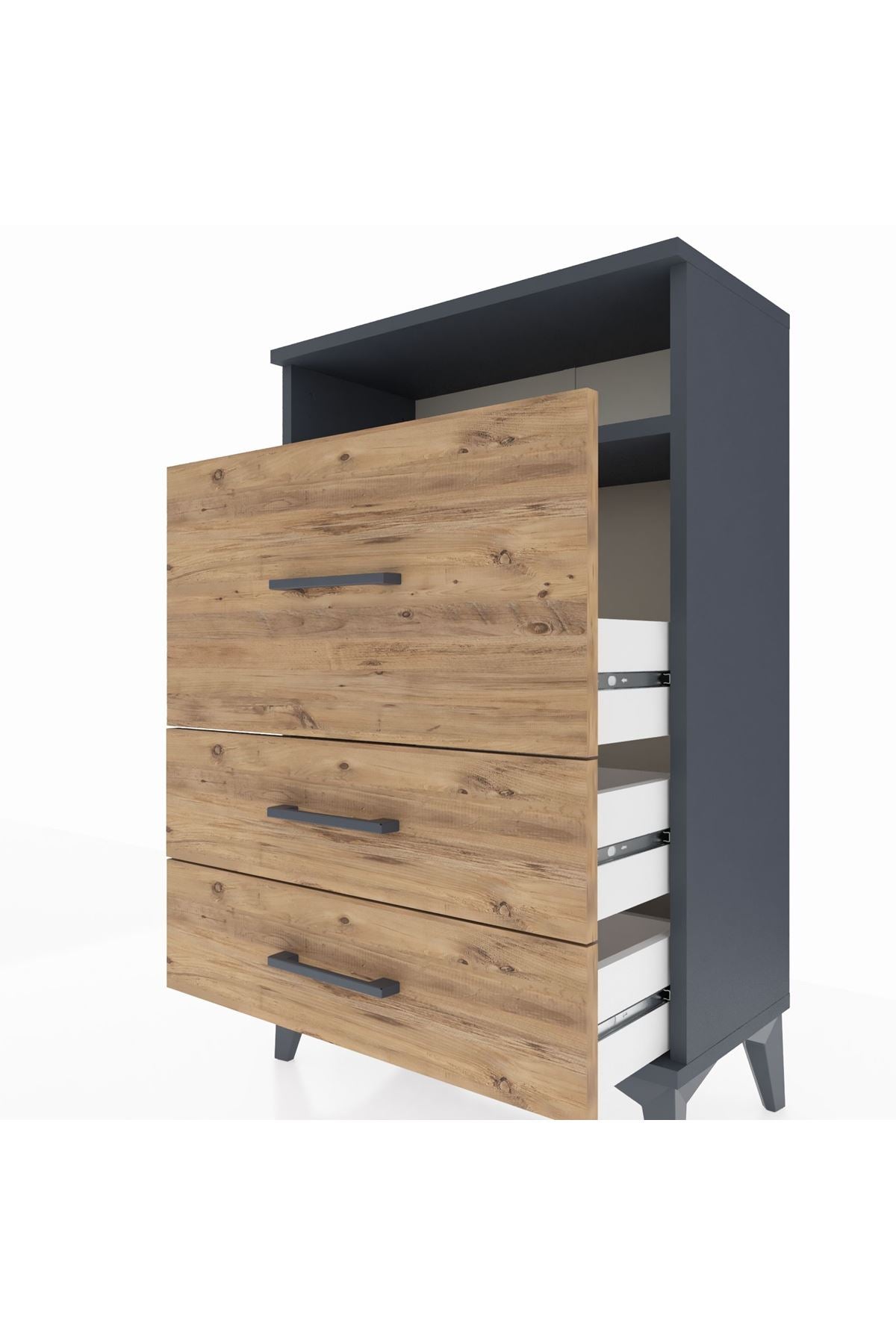 Arges Komodin Tek Raflı 3 Çekmeceli 60x30x96 Antrasit-Çam