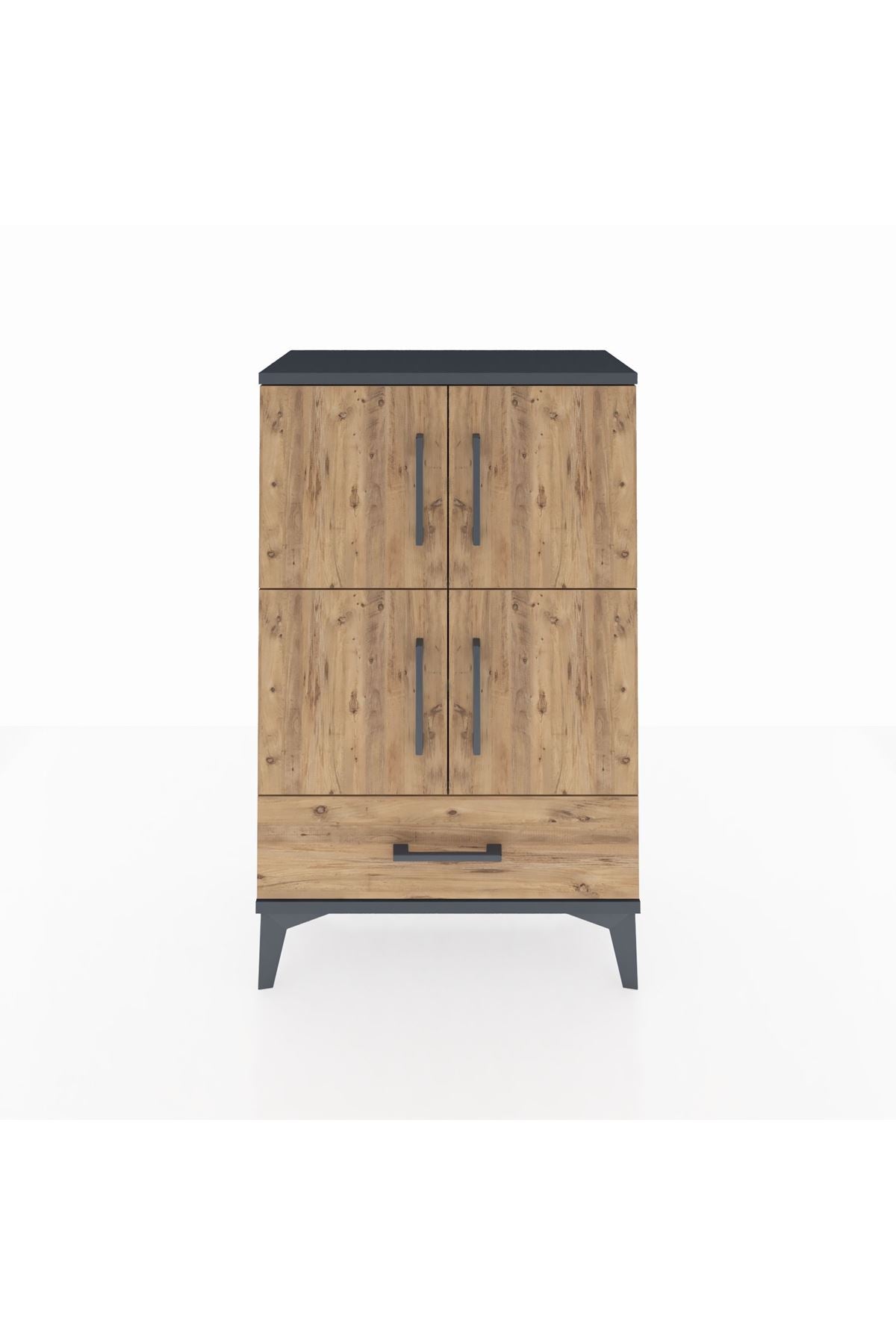 Arges Komodin 4 Raflı Tek Çekmeceli 4 Kapaklı 60x30x96 Antrasit-Çam