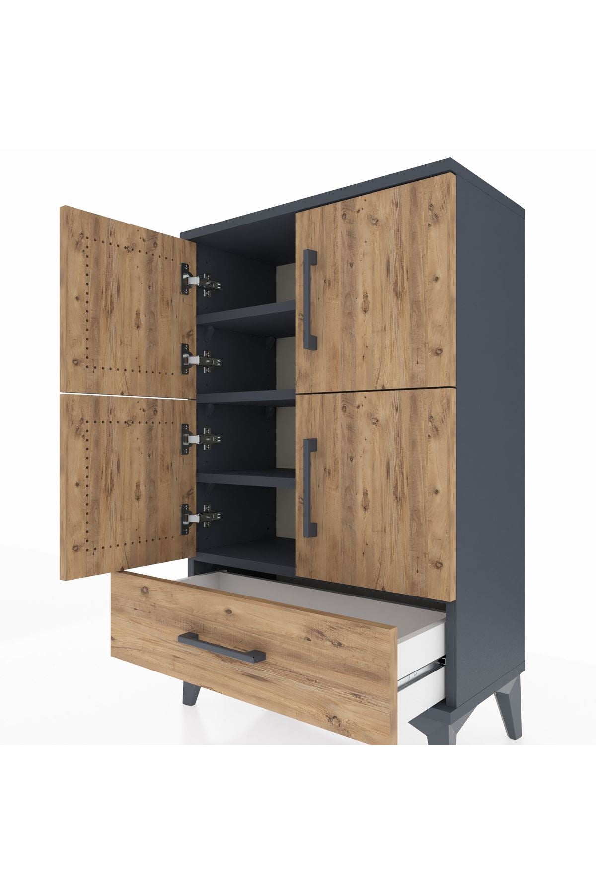 Arges Komodin 4 Raflı Tek Çekmeceli 4 Kapaklı 60x30x96 Antrasit-Çam