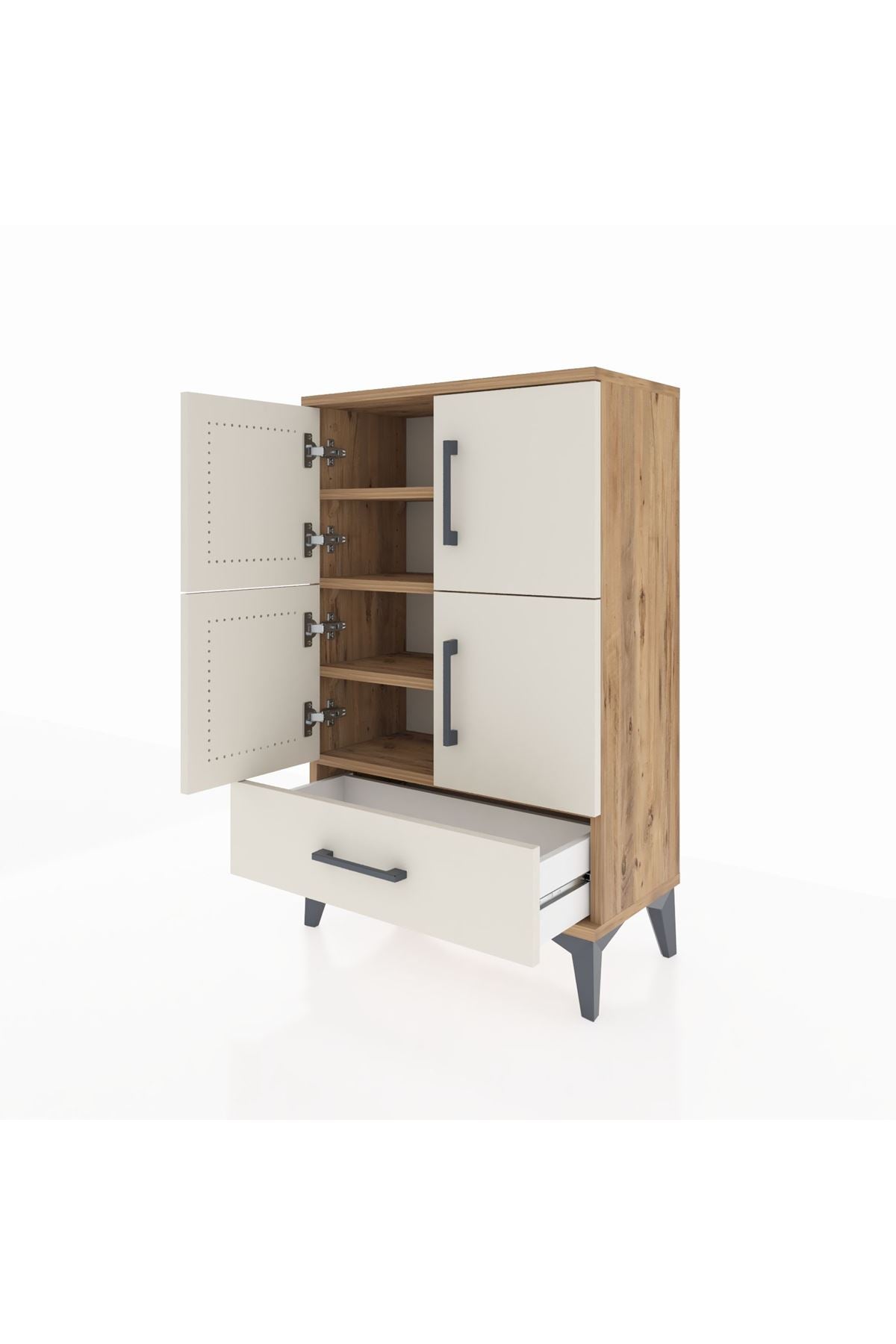 Arges Komodin 4 Raflı Tek Çekmeceli 4 Kapaklı 60x30x96 Çam-Aytaşı