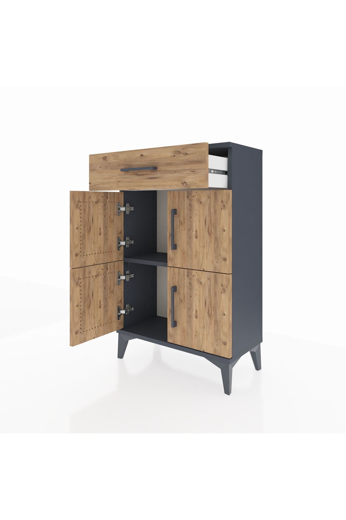 Arges Komodin Tek Raflı Tek Çekmeceli 4 Kapaklı 60x30x96 Antrasit-Çam