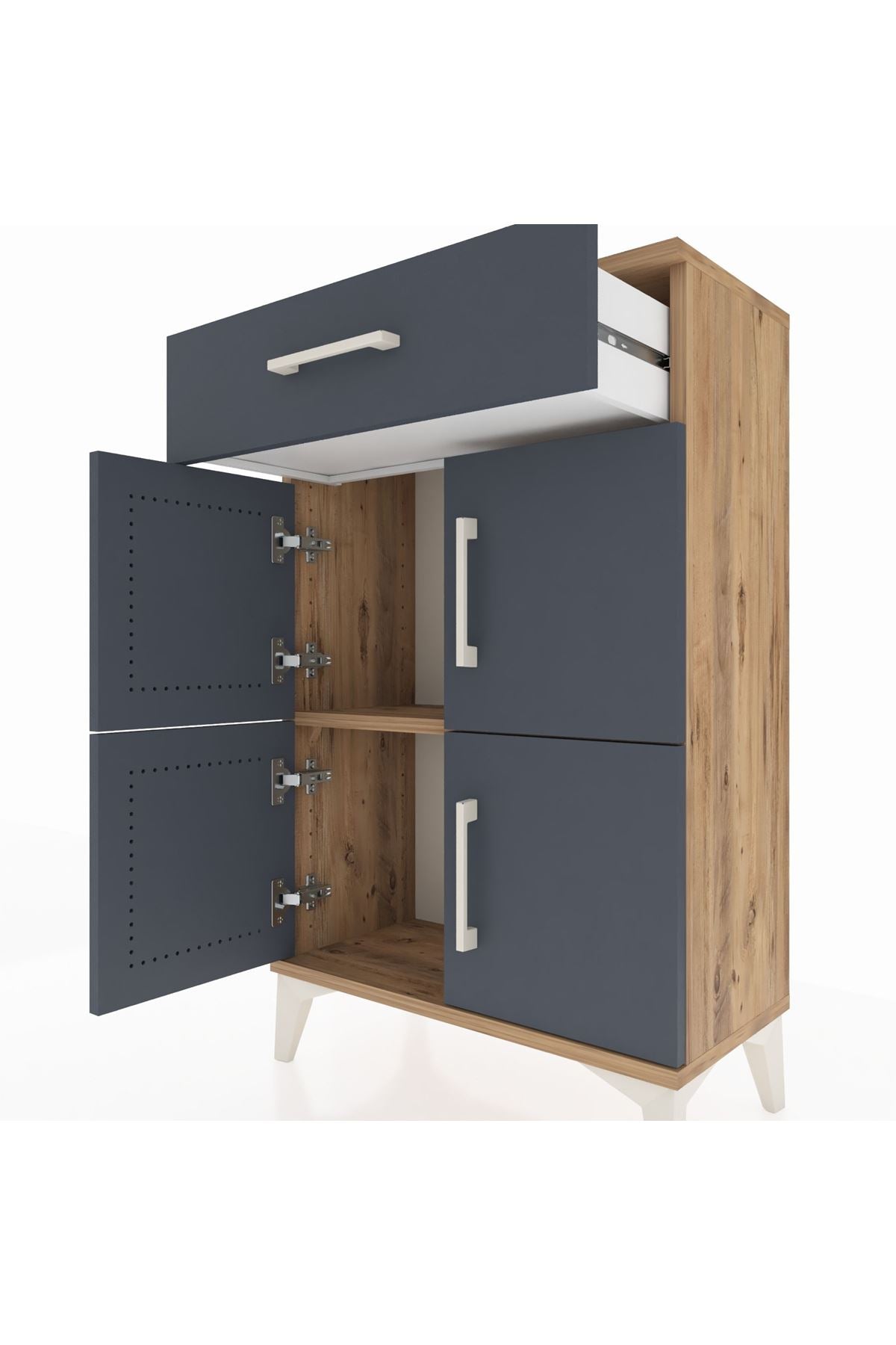 Arges Komodin Tek Raflı Tek Çekmeceli 4 Kapaklı 60x30x96 Çam-Antrasit