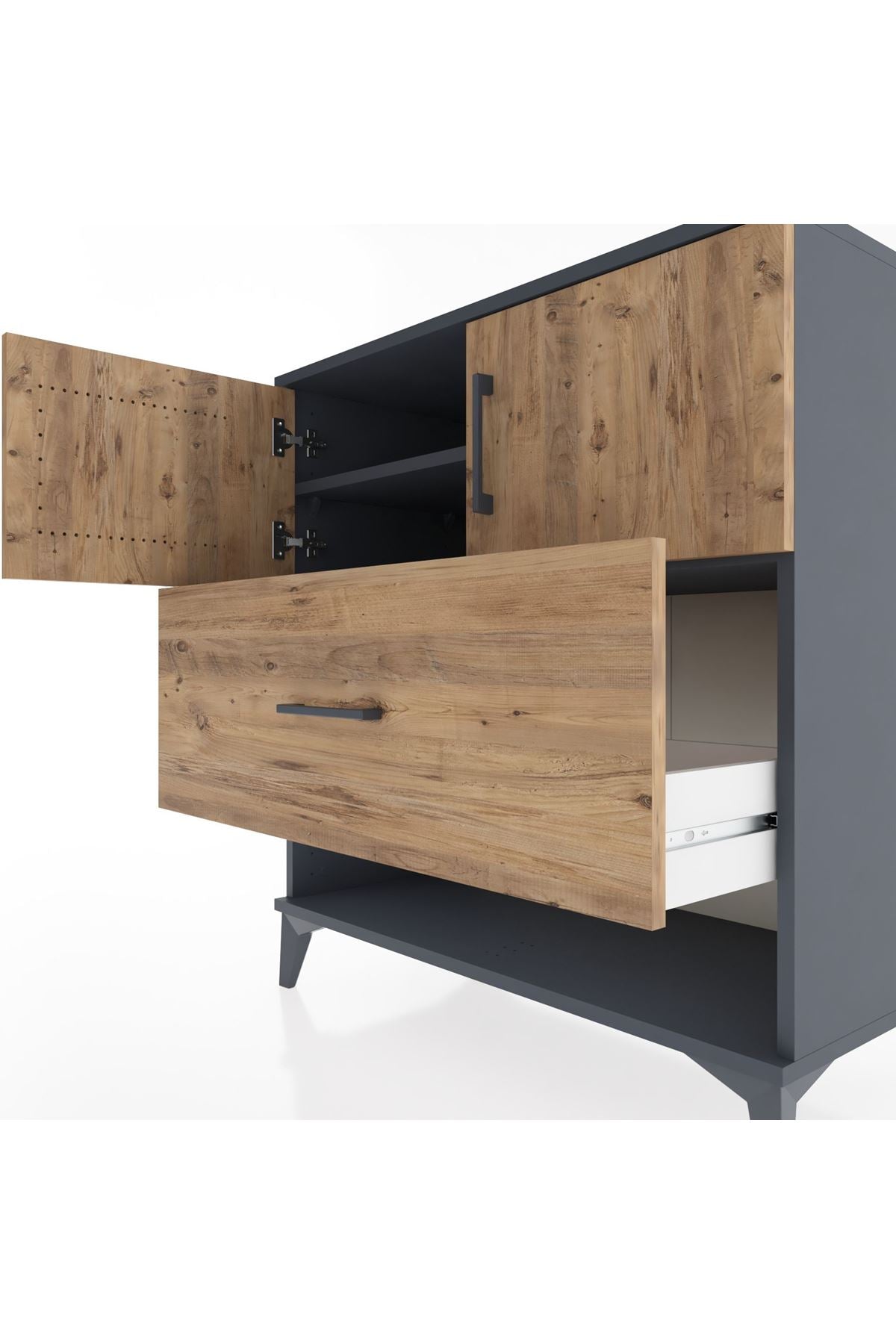 Hyperion Şifonyer 2 Raflı Tek Çekmeceli 2 Kapaklı 88x44x96 Antrasit-Çam