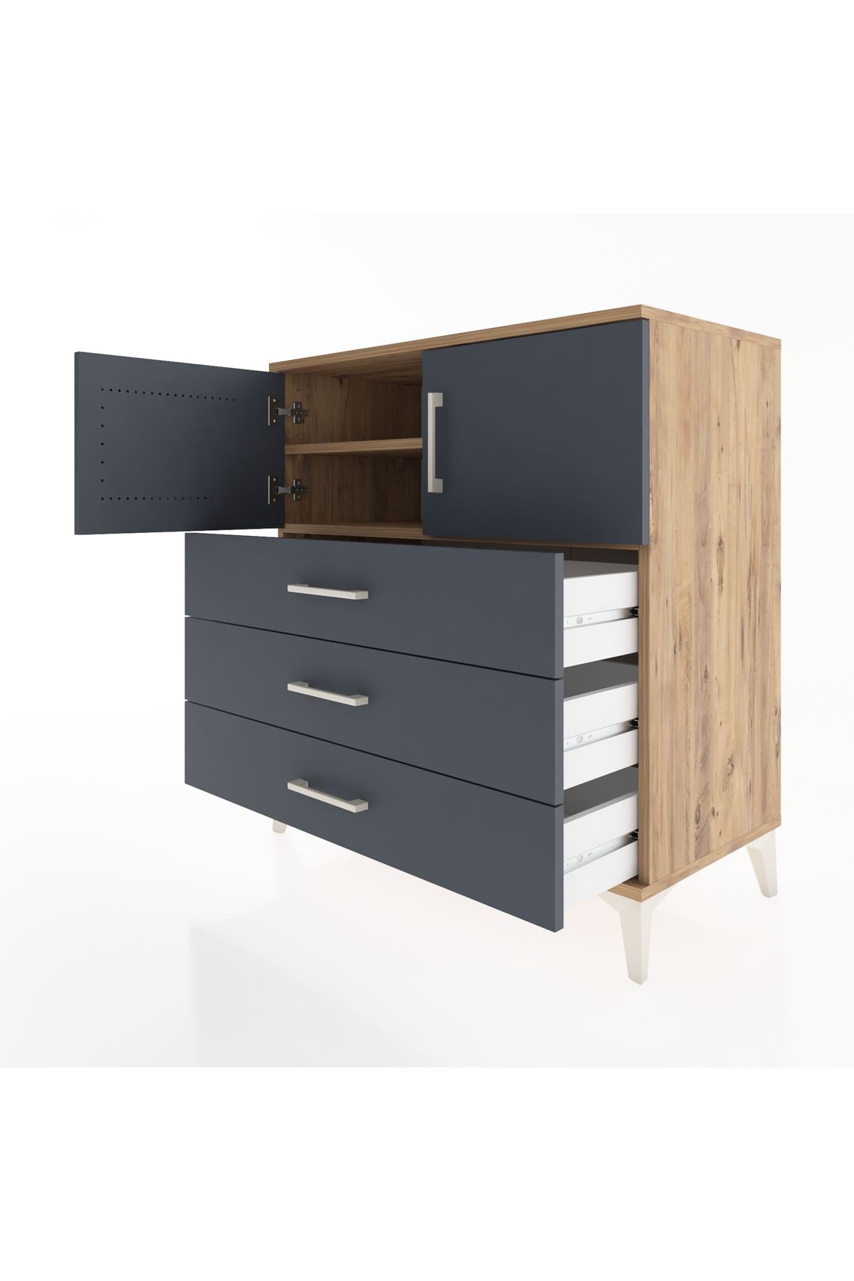 Hyperion Şifonyer 2 Raflı 3 Çekmeceli 2 Kapaklı 88x44x96 Çam-Antrasit