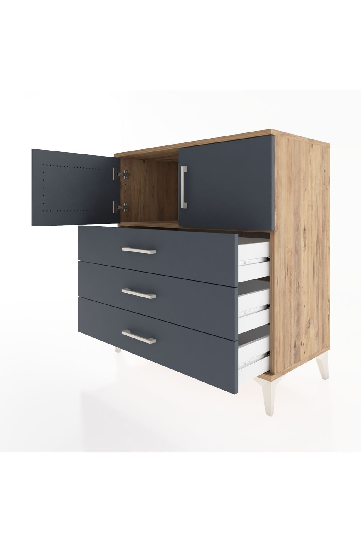 Hyperion Şifonyer Tek Raflı 3 Çekmeceli 2 Kapaklı 88x44x96 Çam-Antrasit