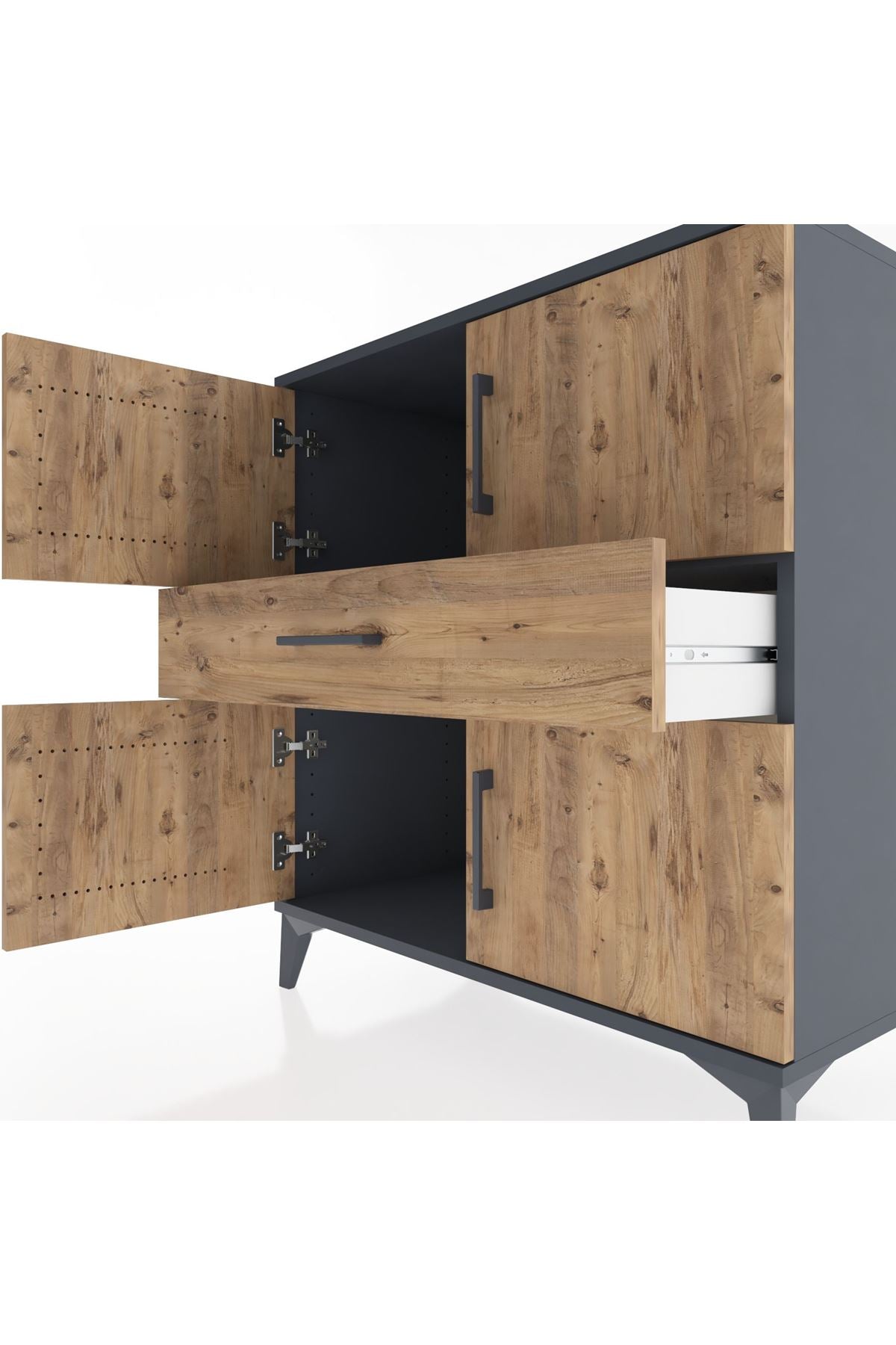 Hyperion Şifonyer Tek Raflı Tek Çekmeceli 4 Kapaklı 88x44x96 Antrasit-Çam