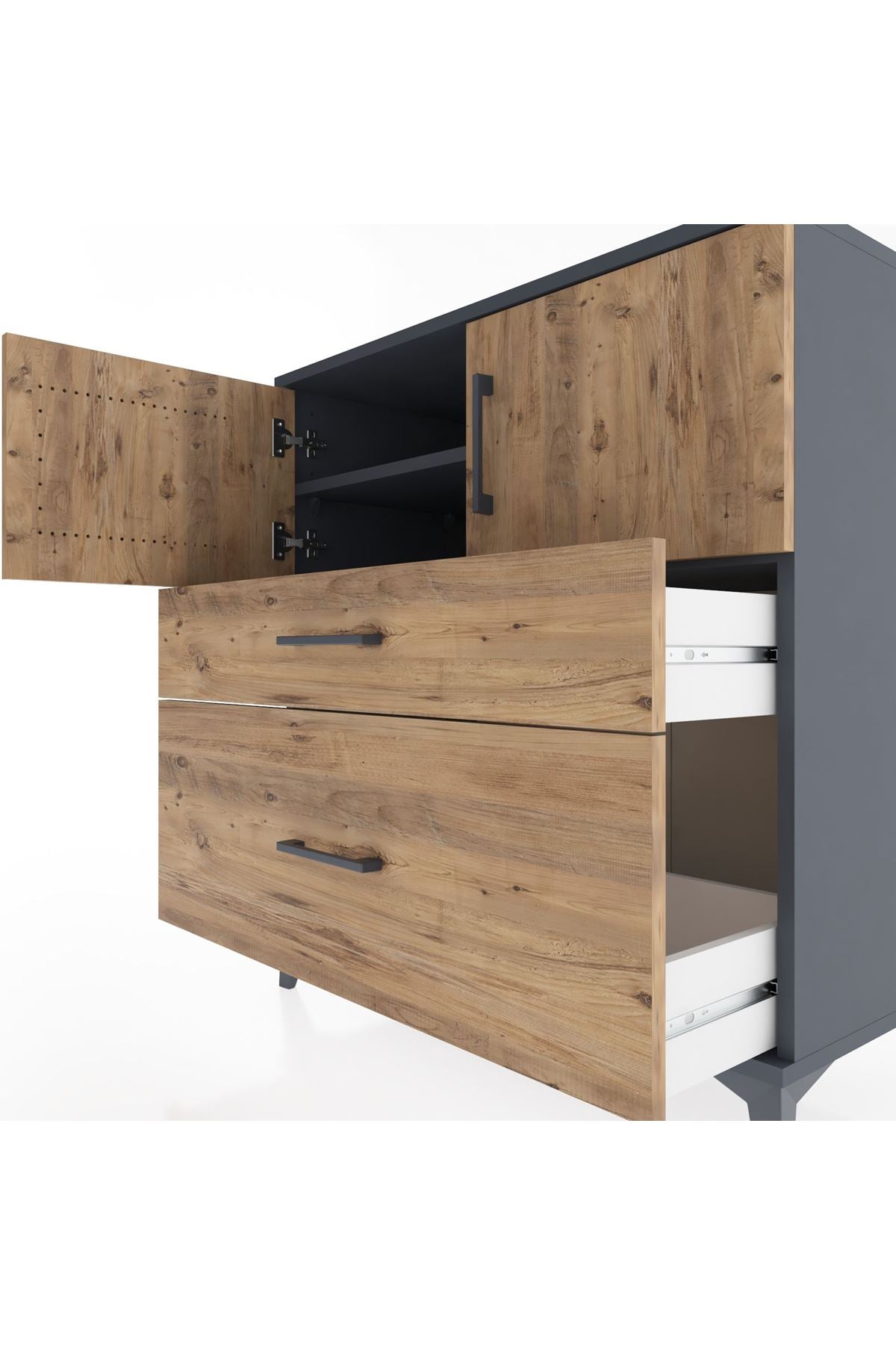 Hyperion Şifonyer 2 Raflı 2 Çekmeceli 2 Kapaklı 88x44x96 Antrasit-Çam