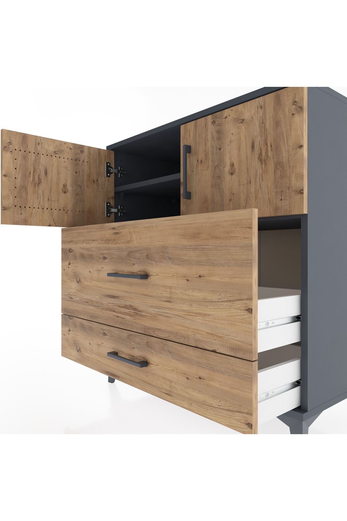 Hyperion Şifonyer 2 Raflı 2 Çekmeceli 2 Kapaklı 88x44x96 Antrasit-Çam