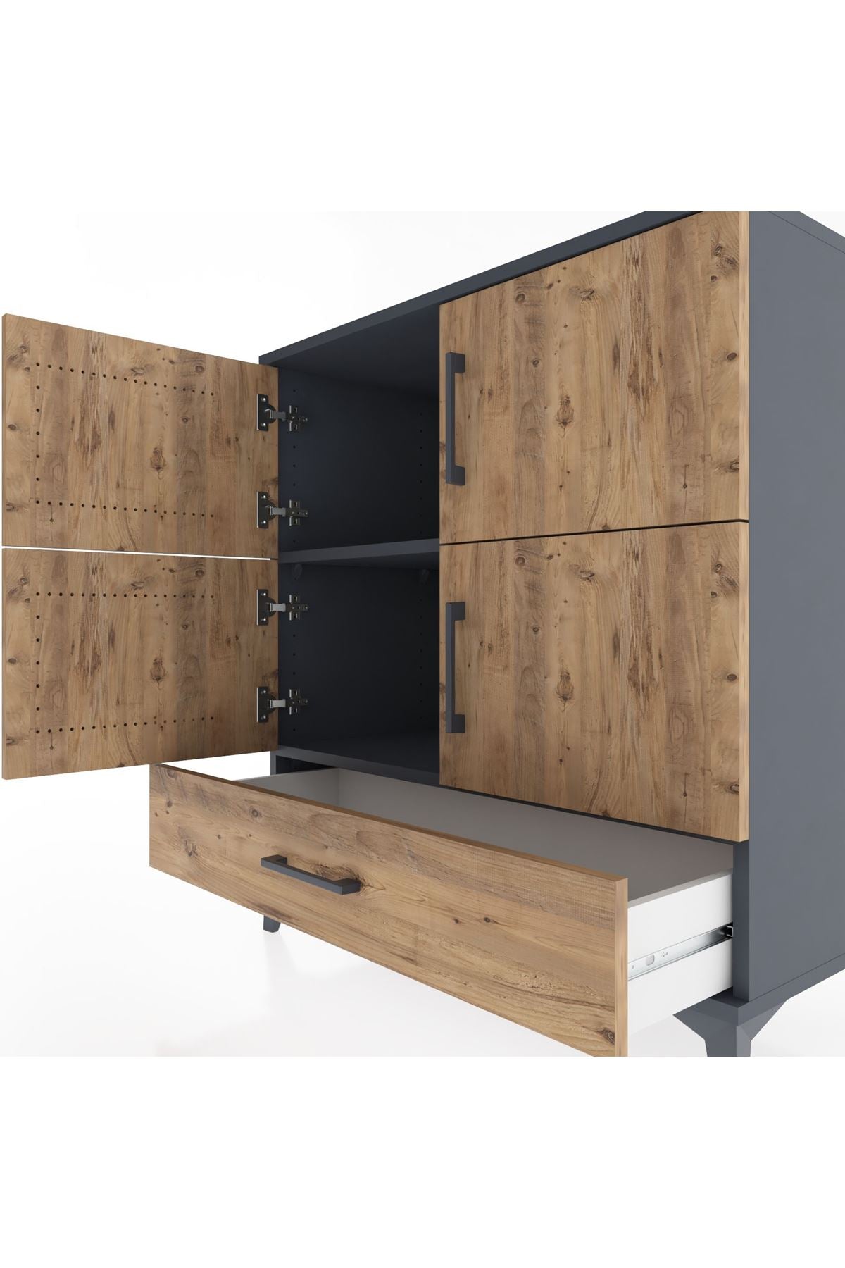 Hyperion Şifonyer 2 Raflı Tek Çekmeceli 4 Kapaklı 88x44x96 Antrasit-Çam