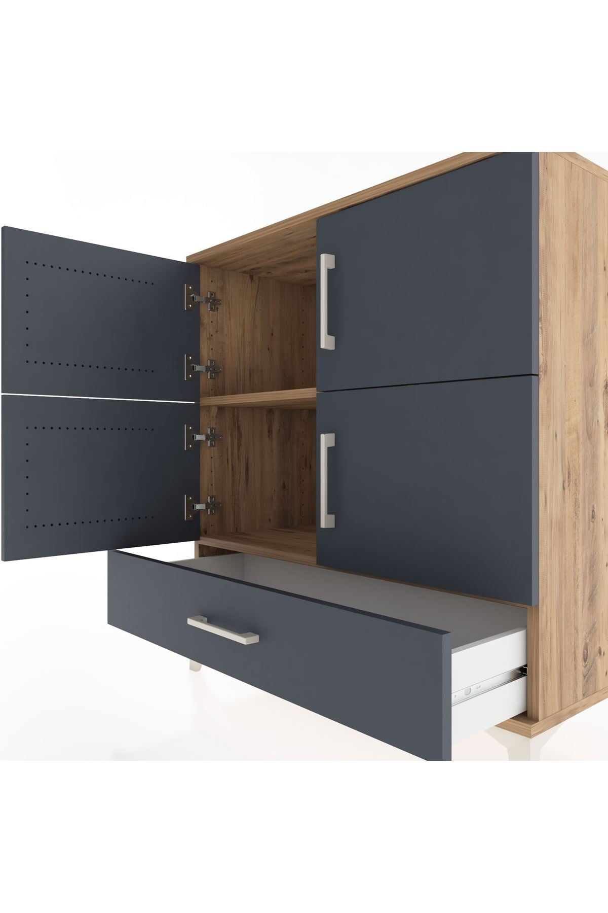 Hyperion Şifonyer 2 Raflı Tek Çekmeceli 4 Kapaklı 88x44x96 Çam-Antrasit