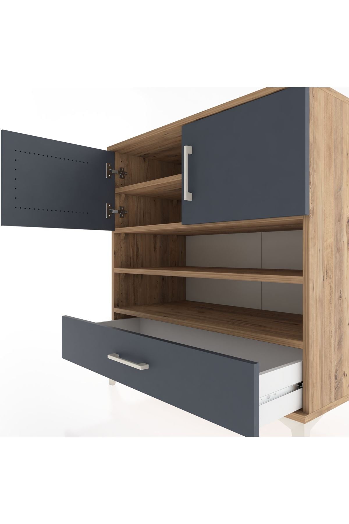 Hyperion Şifonyer 4 Raflı Tek Çekmeceli 2 Kapaklı 88x44x96 Çam-Antrasit