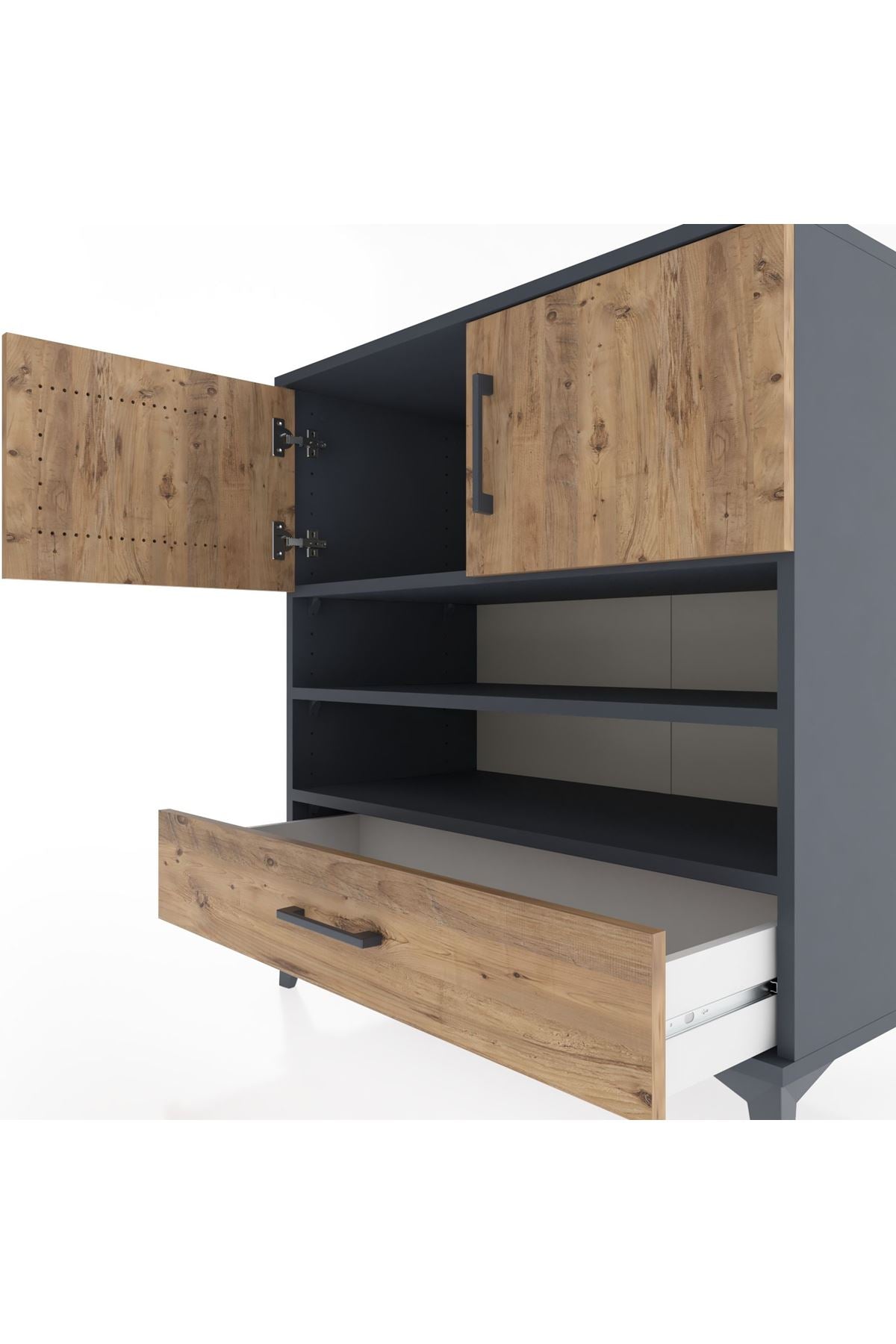 Hyperion Şifonyer 3 Raflı Tek Çekmeceli 2 Kapaklı 88x44x96 Antrasit-Çam