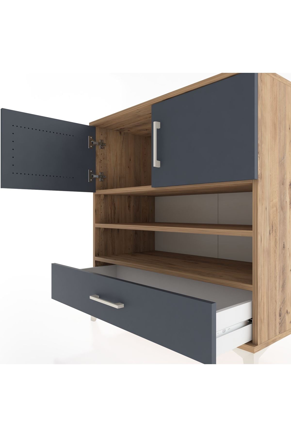 Hyperion Şifonyer 3 Raflı Tek Çekmeceli 2 Kapaklı 88x44x96 Çam-Antrasit