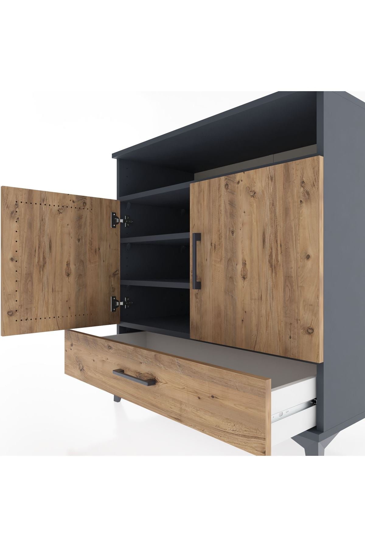 Hyperion Şifonyer 4 Raflı Tek Çekmeceli 2 Kapaklı 88x44x96 Antrasit-Çam