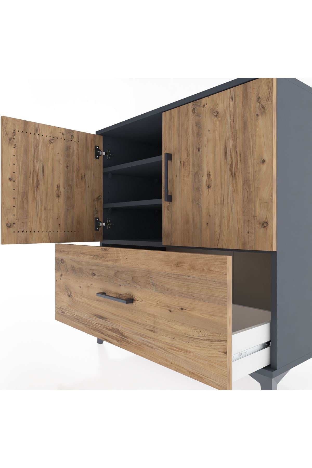 Hyperion Şifonyer 3 Raflı Tek Çekmeceli 2 Kapaklı 88x44x96 Antrasit-Çam