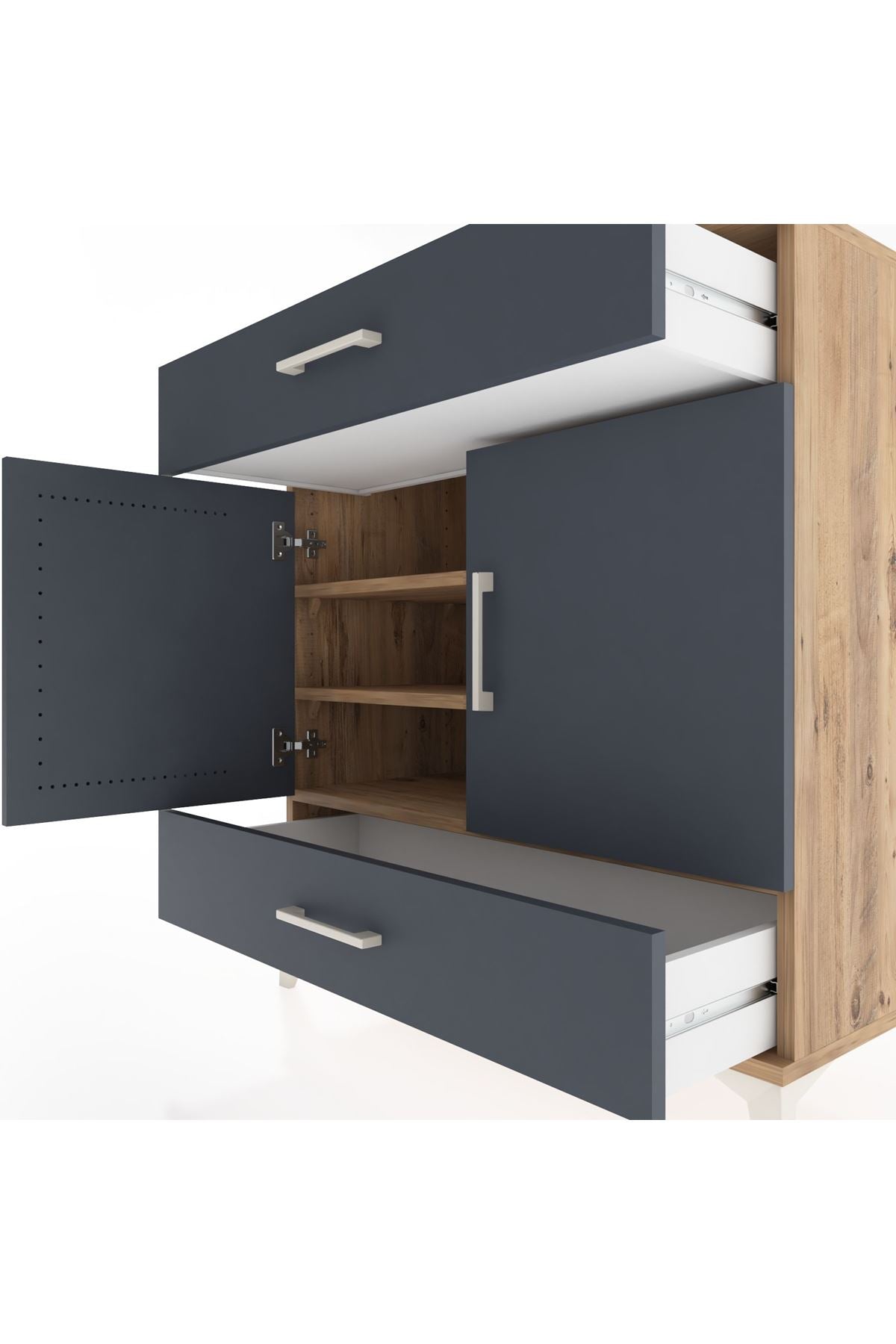 Hyperion Şifonyer 3 Raflı 2 Çekmeceli 2 Kapaklı 88x44x96 Çam-Antrasit