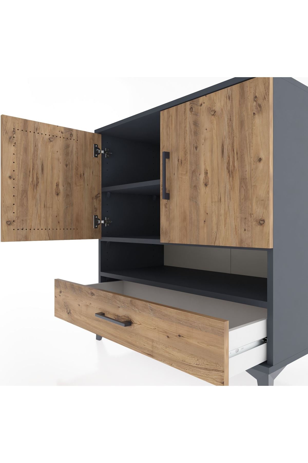 Hyperion Şifonyer 3 Raflı Tek Çekmeceli 2 Kapaklı 88x44x96 Antrasit-Çam